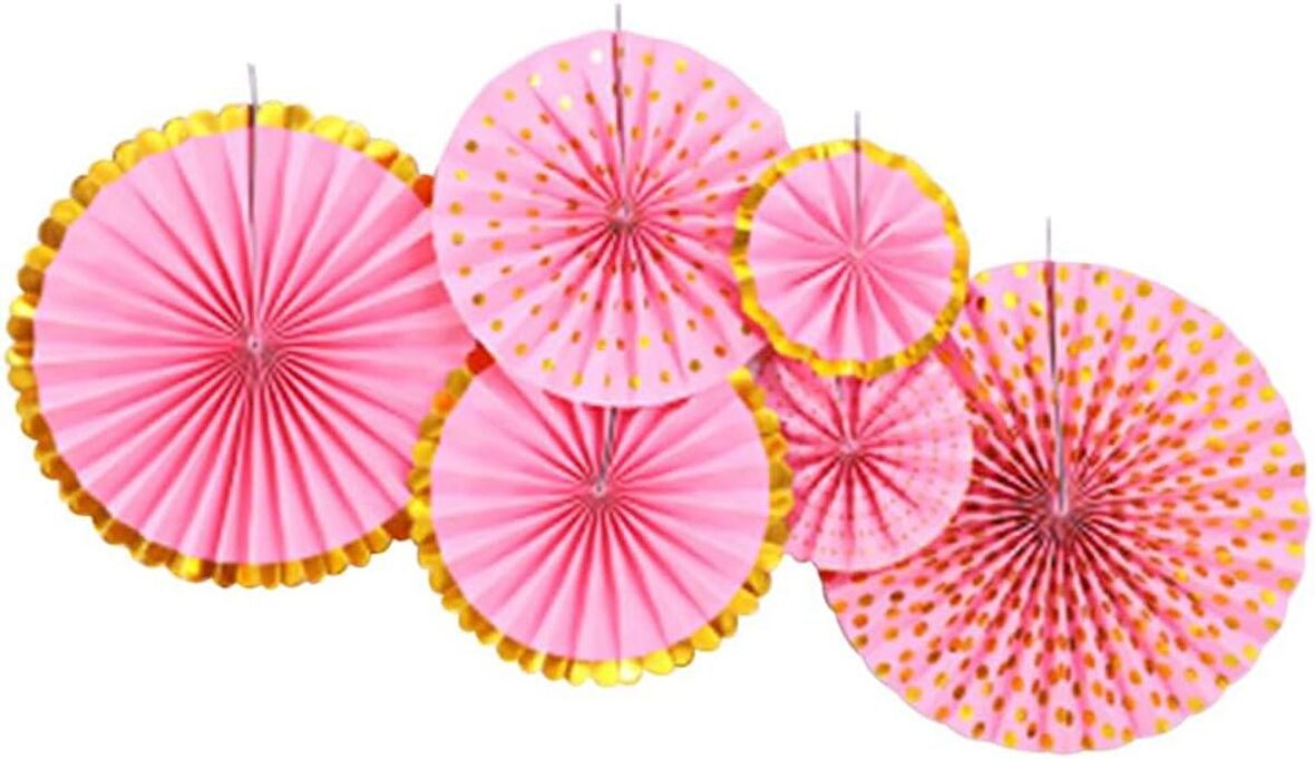 Kağıt Yelpaze Süs Varaklı Pembe Set 6 lı