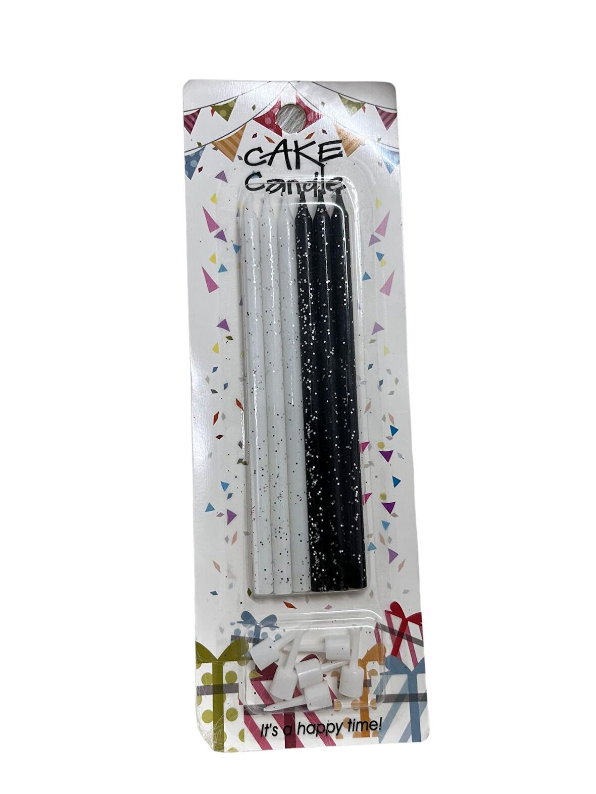 Siyah Beyaz Parıltılı Siyah İnce Mum 14 cm  6 lı