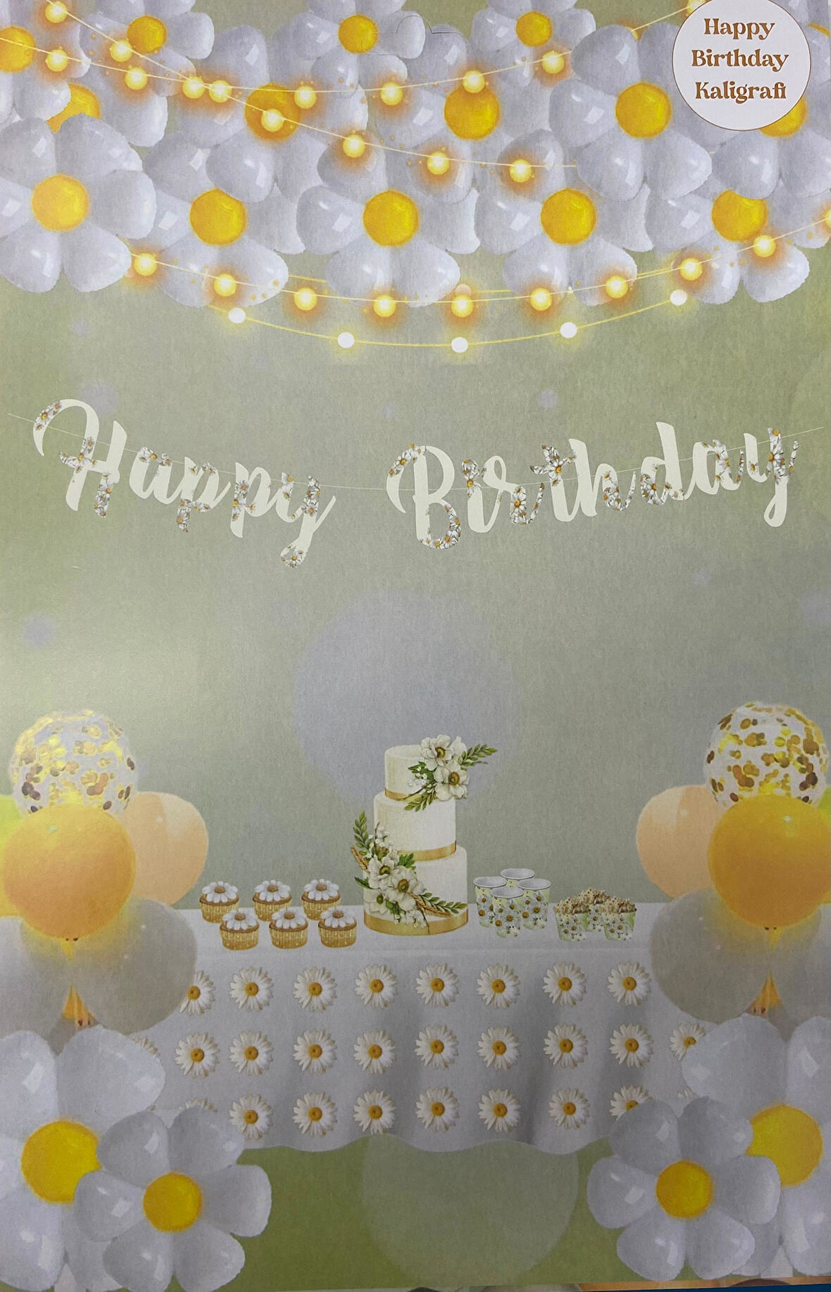 Papatya Temalı Happy Bırthday Kaligrafi Banner  110x20 cm