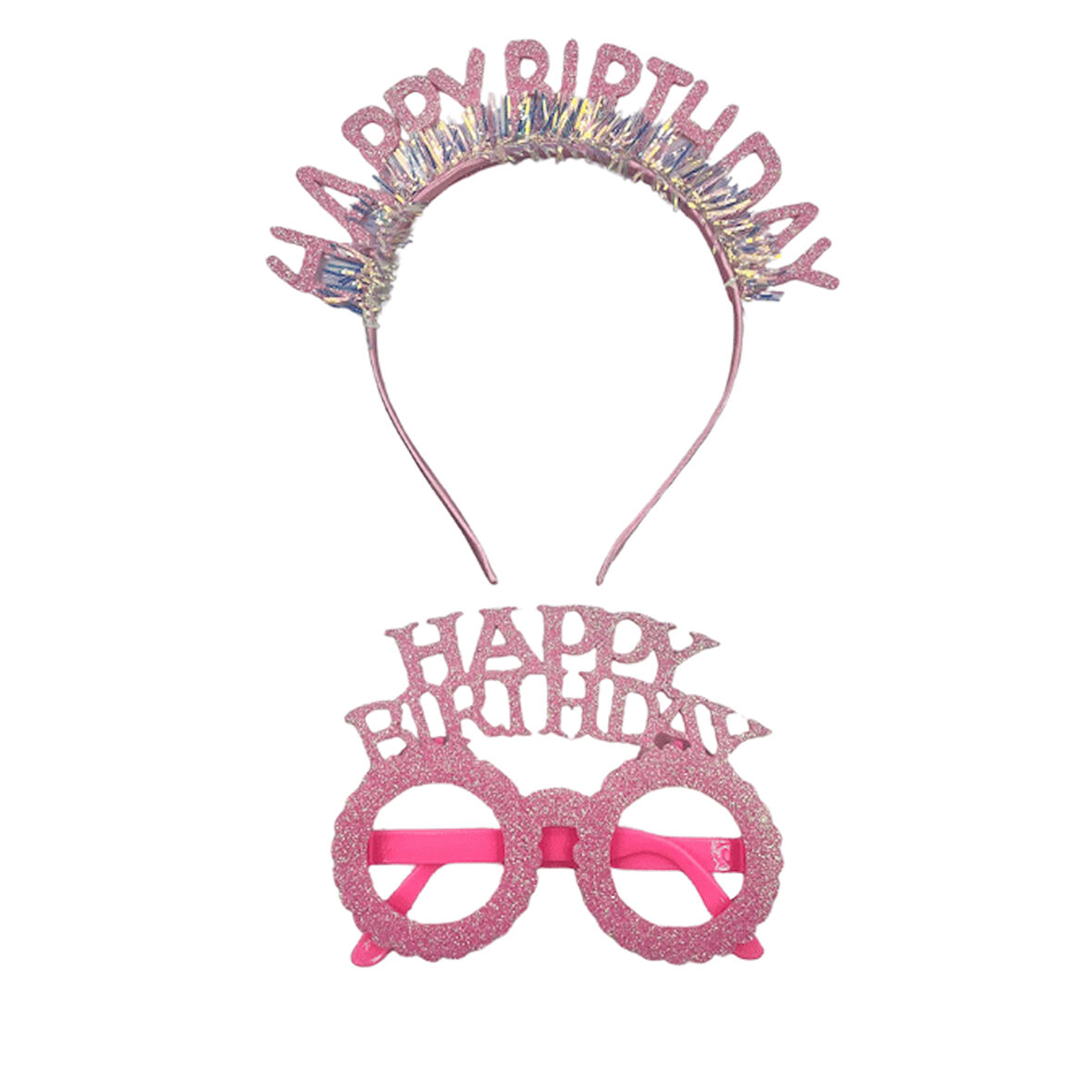 Plastik Happy Bırthday Simli Taç Gözlük Pembe 2 li Set