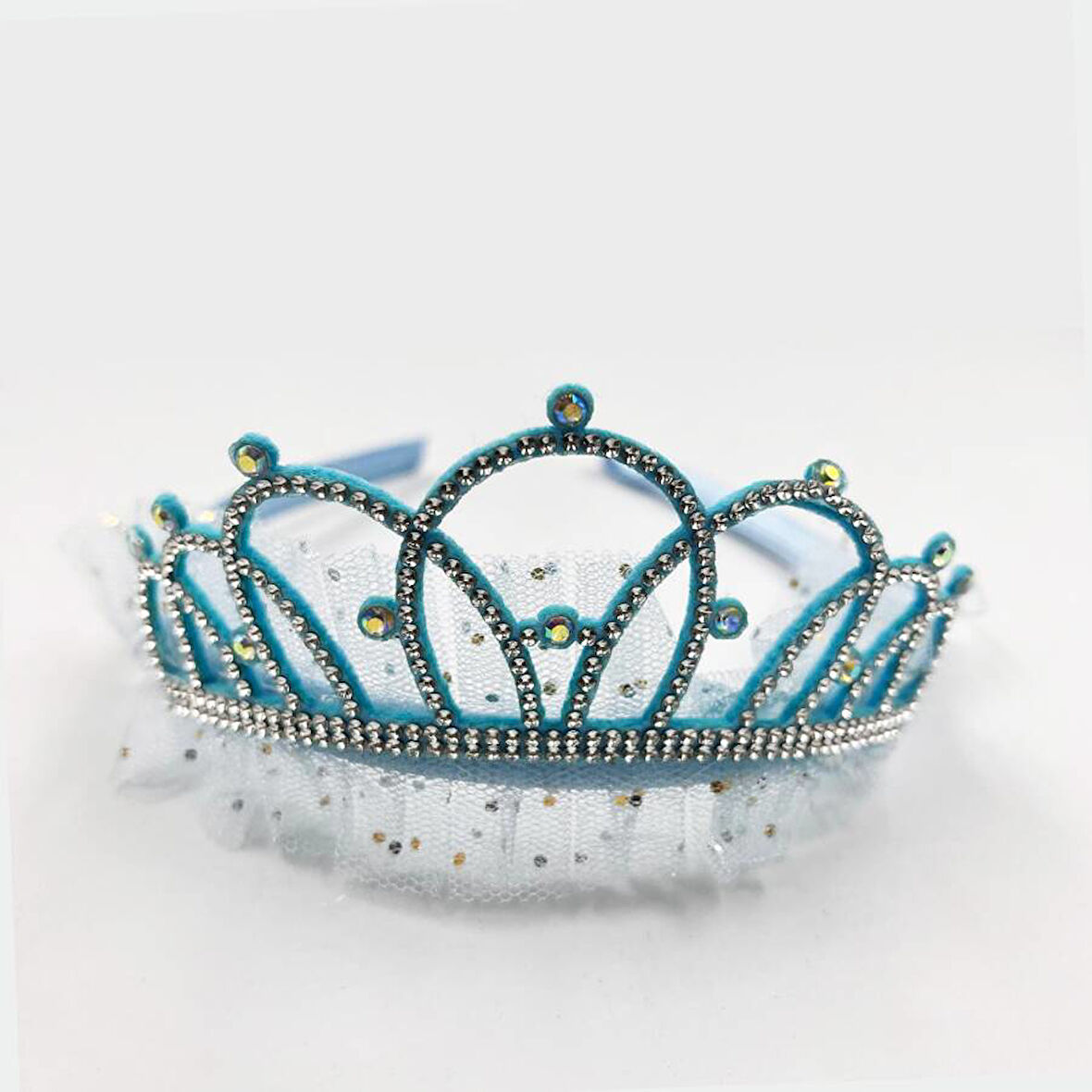 Prenses Tüllü Taşlı Taç Mavi