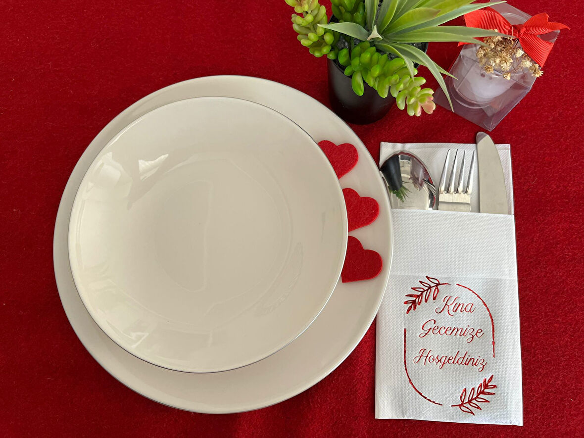 Kırmızı Yaldızlı Beyaz Çerçeveli Kına Gecemize Hoşgeldiniz Cepli Peçete 12 Adet 40x40