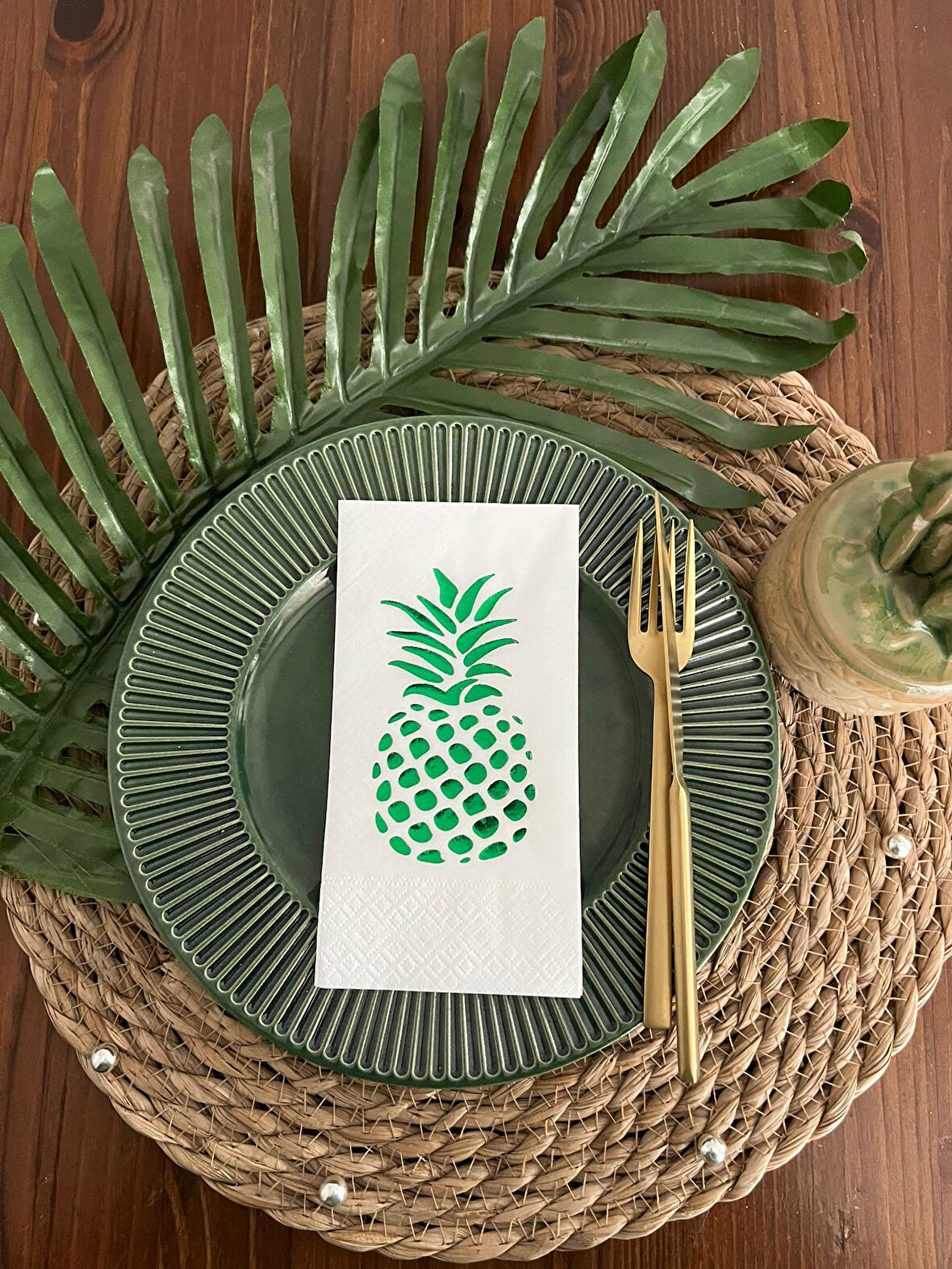 Gold Yaldızlı Beyaz Ananas Garson Peçete 16 lı