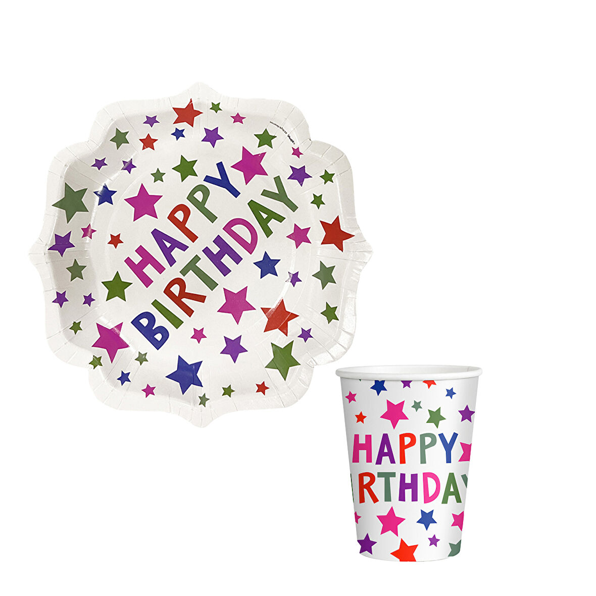Yıldız Desenli Happy Bırthday Temalı Karton Tabak Bardak 8 li