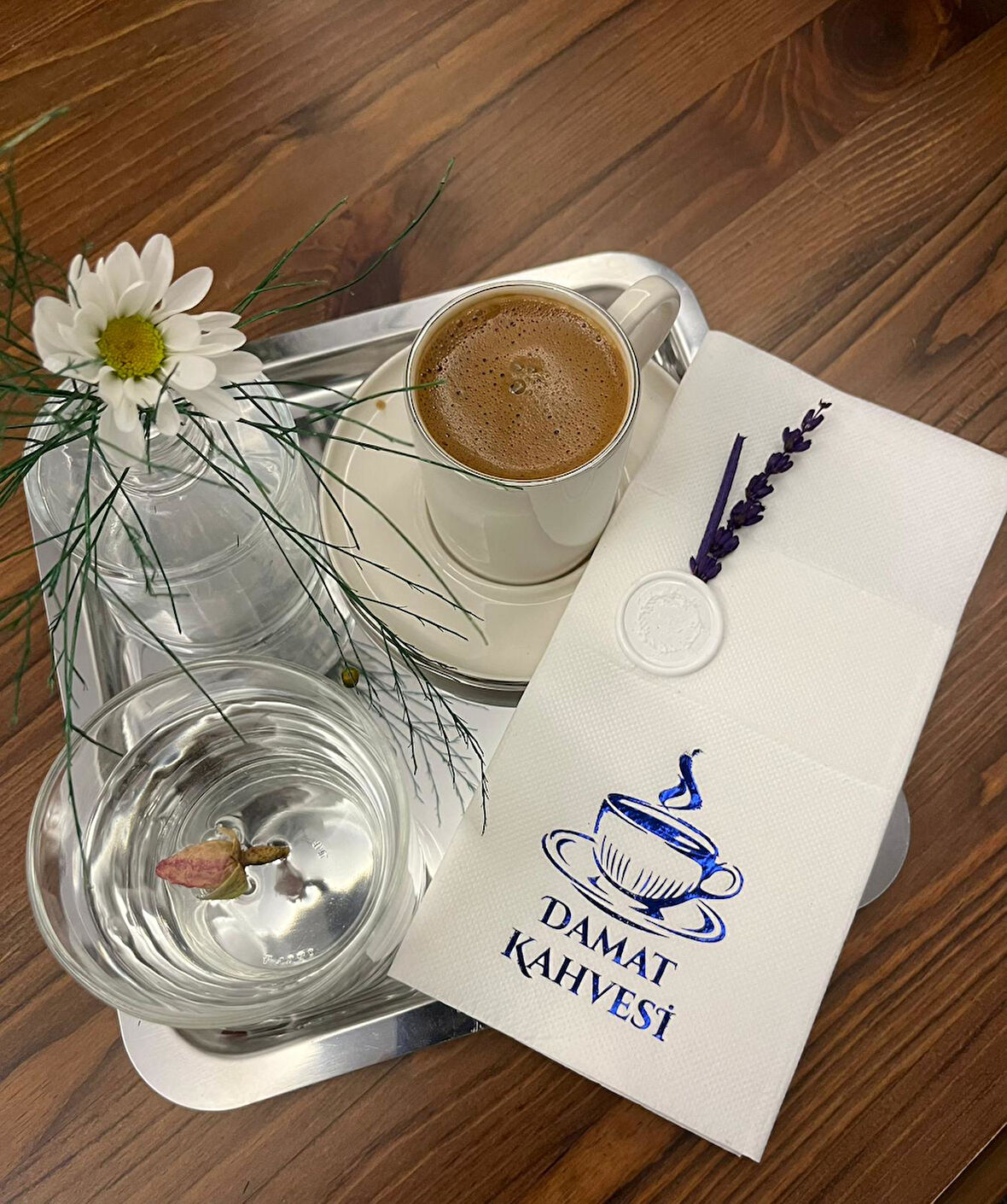 Mavi Yaldızlı Beyaz Mühürlü Lavanta Damat Kahvesi Cepli Peçete 1 Adet