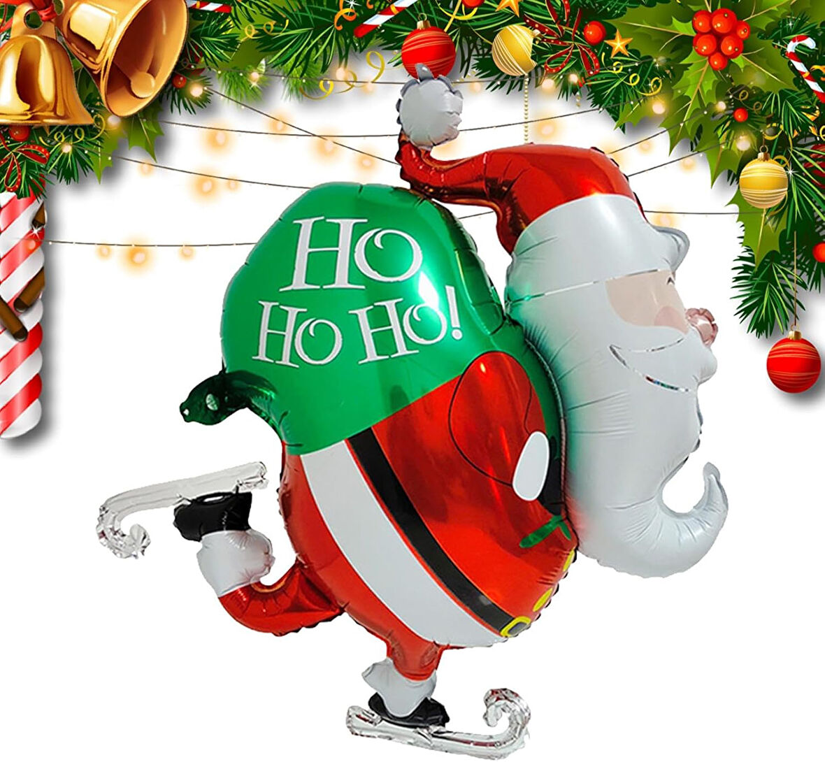 Yılbaşı Buz Pateni Yapan Noel Baba Hediye Çuvallı Folyo Balon 79x89 cm