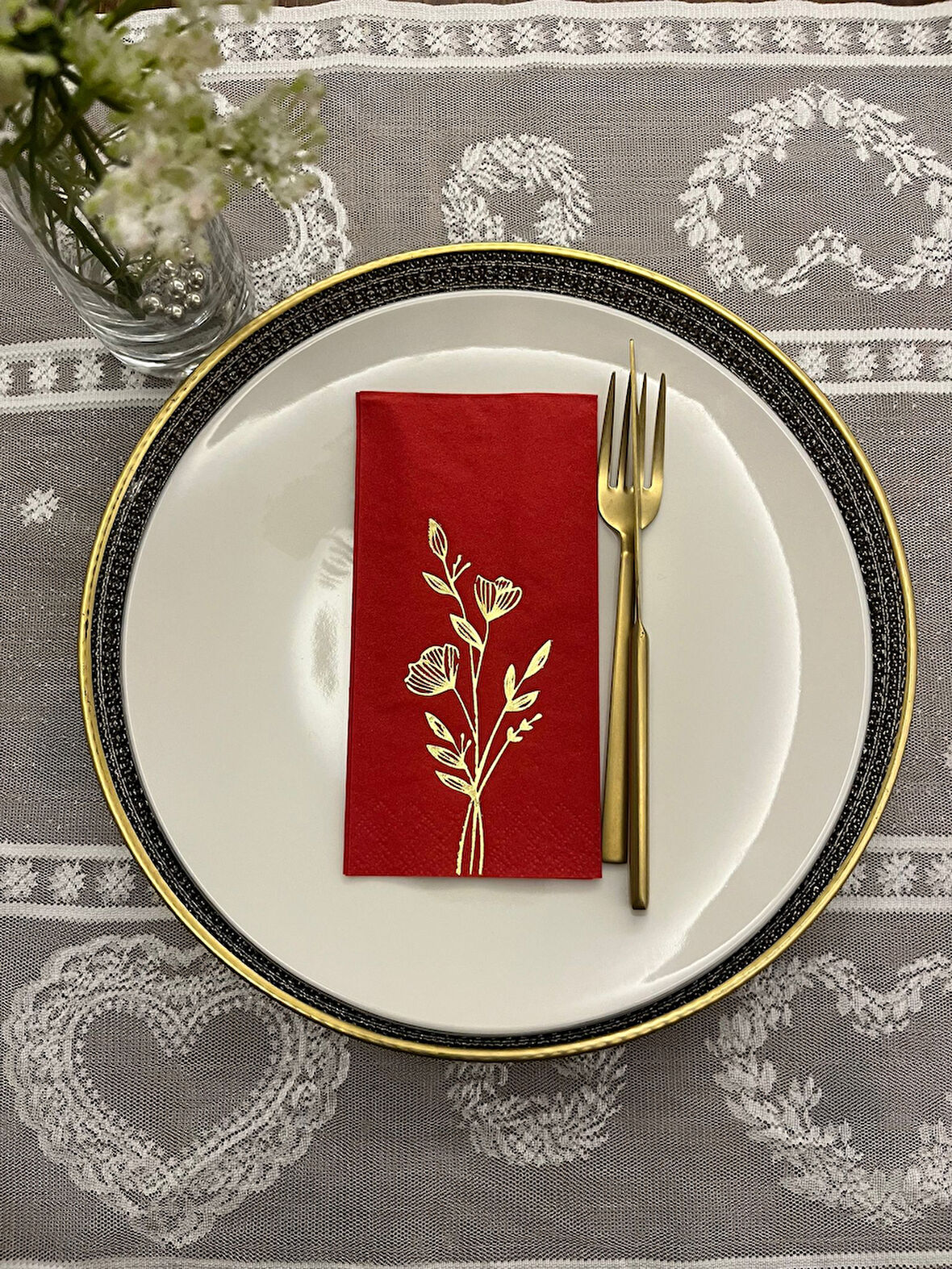 Gold Yaldızlı Kırmızı Gelincik Çiçeği Baskılı Garson Katlama Peçete 16 lı