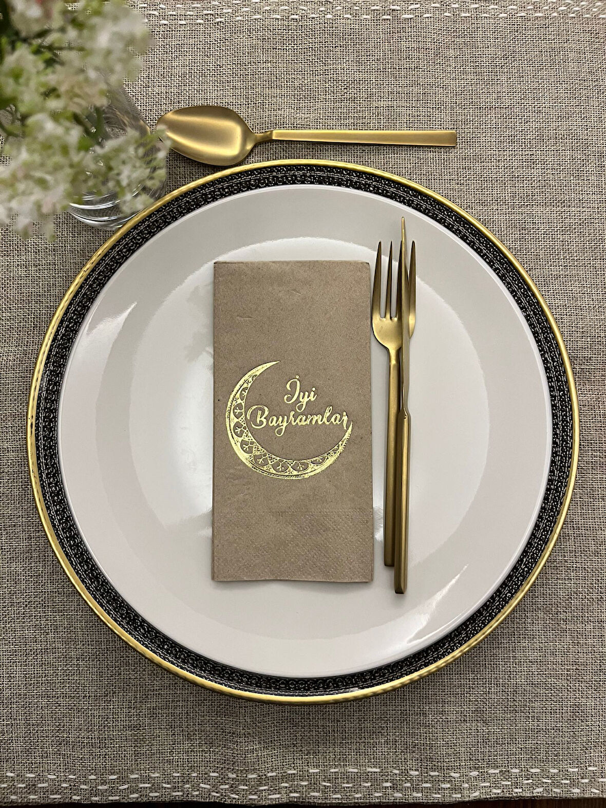 Gold Yaldızlı Kraft Ay Desenli İyi Bayramlar Peçete 16 Adet
