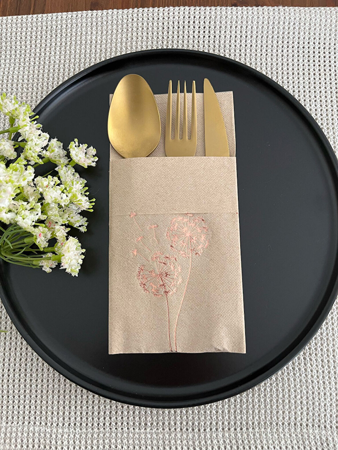 Rose Gold Yaldızlı Kraft Cepli Hindiba Çiçeği Peçete 12 Adet