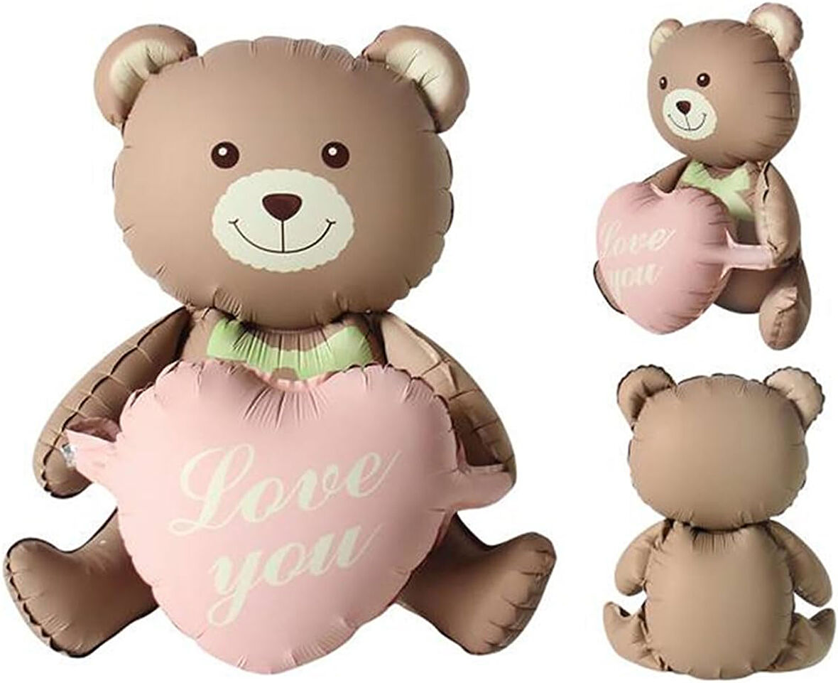 Pembe Kalpli Oturan Ayı Folyo Balon 51x54 cm