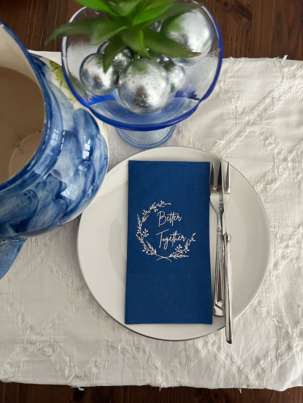 Gümüş Yaldızlı Bodrum Mavisi Better Together Peçete 16 Adet