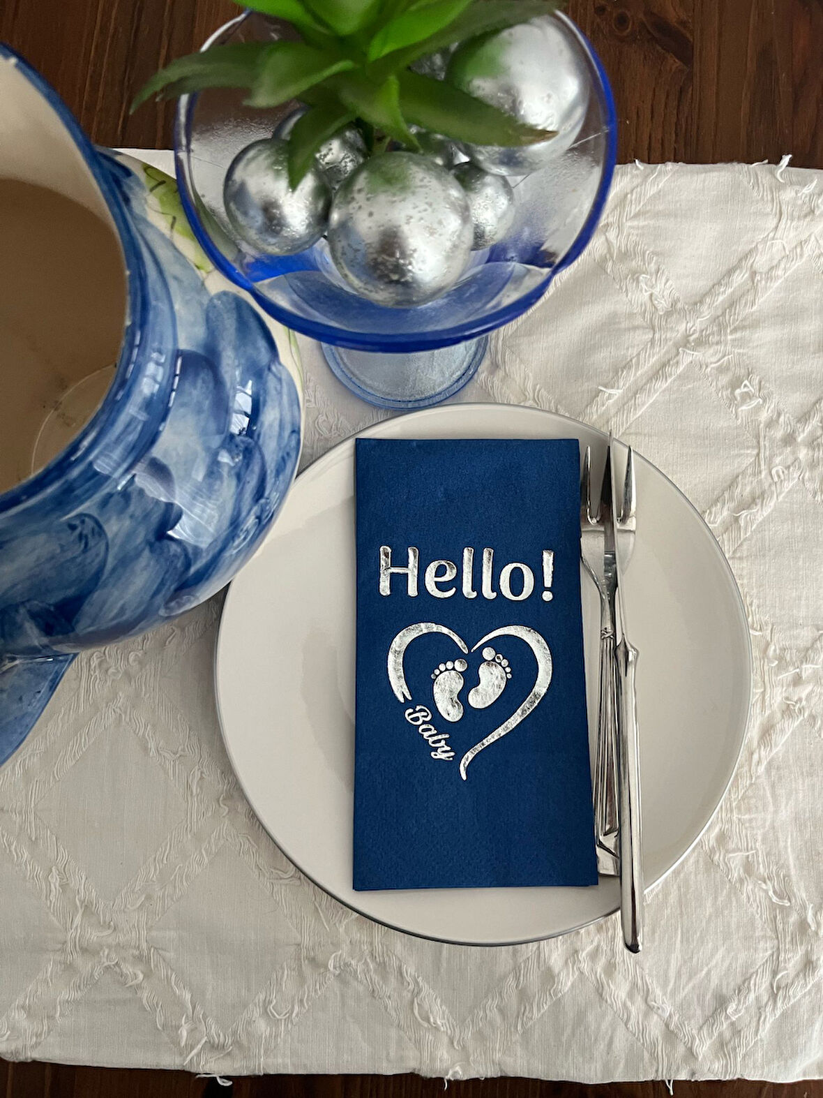 Gümüş Yaldızlı Bodrum Mavisi hello Baby Ayaklı Peçete 16 Adet