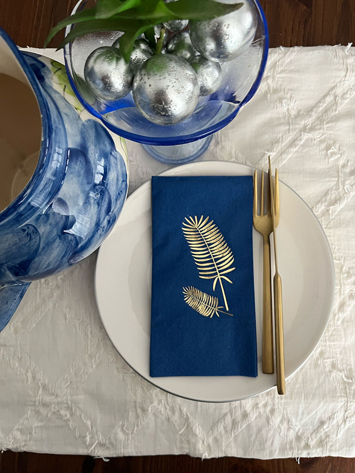 Gold Yaldızlı Bodrum Mavisi Palmiye Peçete 16 Adet