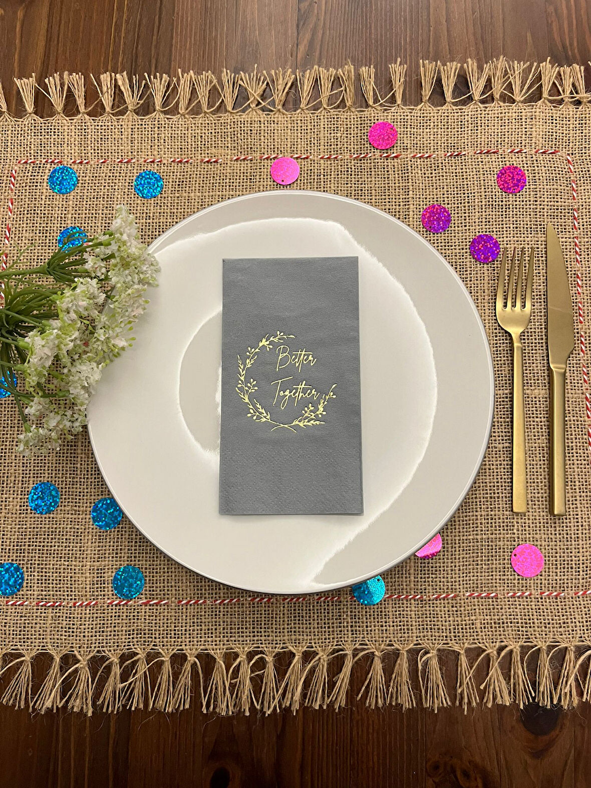 Gold Yaldızlı Gri Better Together Peçete 16 Adet