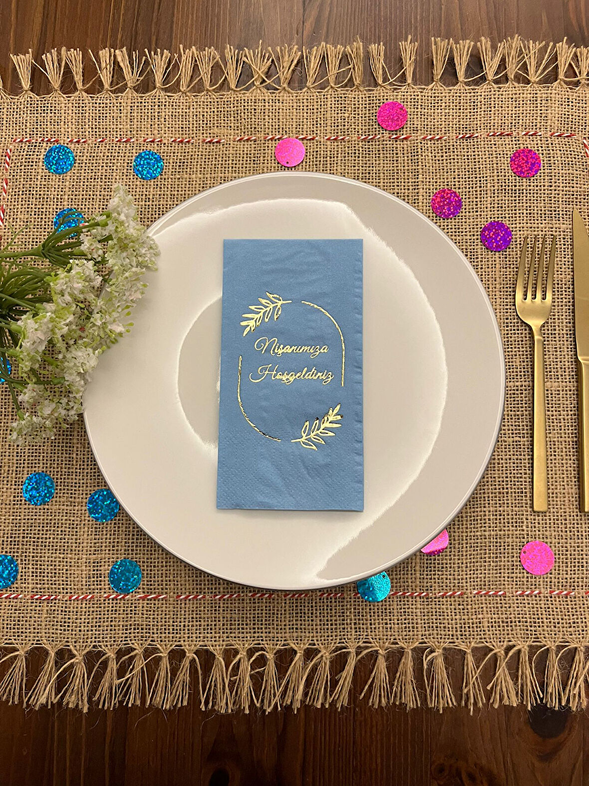 Gold Yaldızlı Mavi Çerçeveli Nişanımıza Hoşgeldiniz Peçete 16 Adet