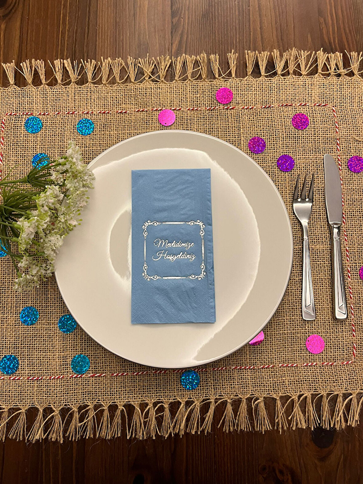 Gümüş Yaldızlı Mavi Çerçeveli Mevlidimize Hoşgeldiniz Peçete 16 Adet