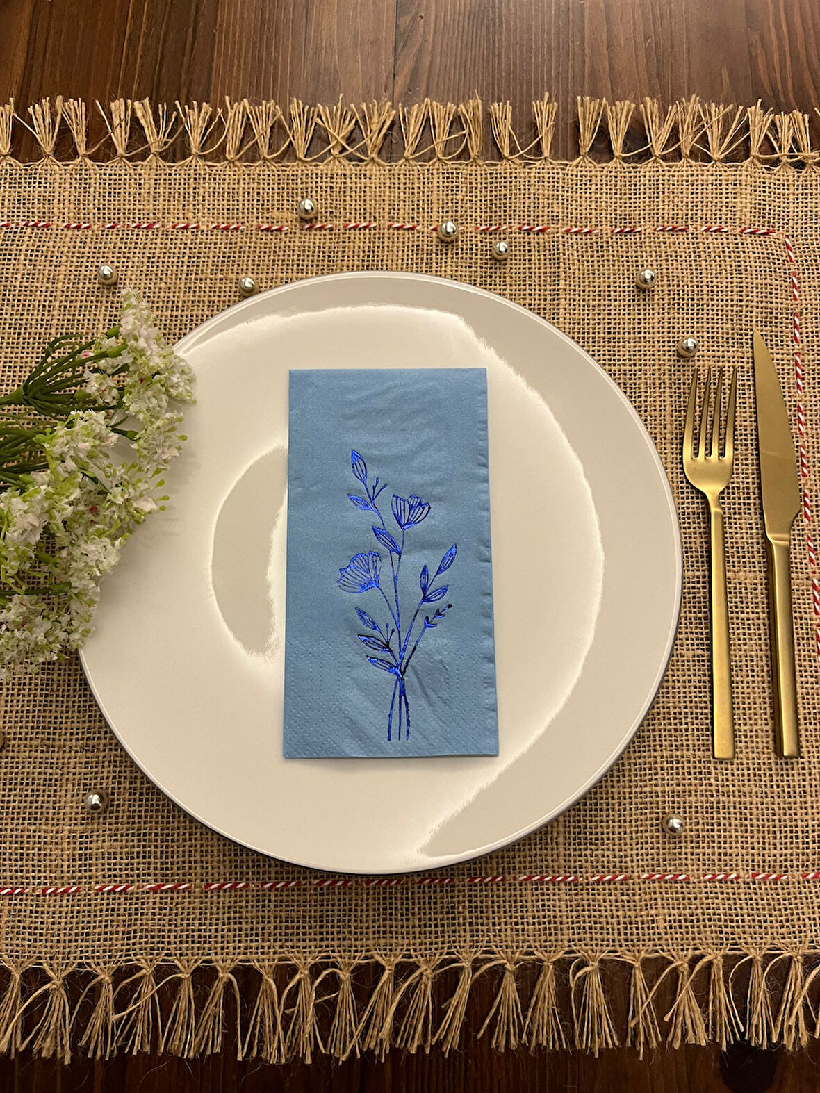 Mavi Yaldızlı Mavi Gelincik Çiçeği Baskılı Garson Katlama Peçete 16 Adet