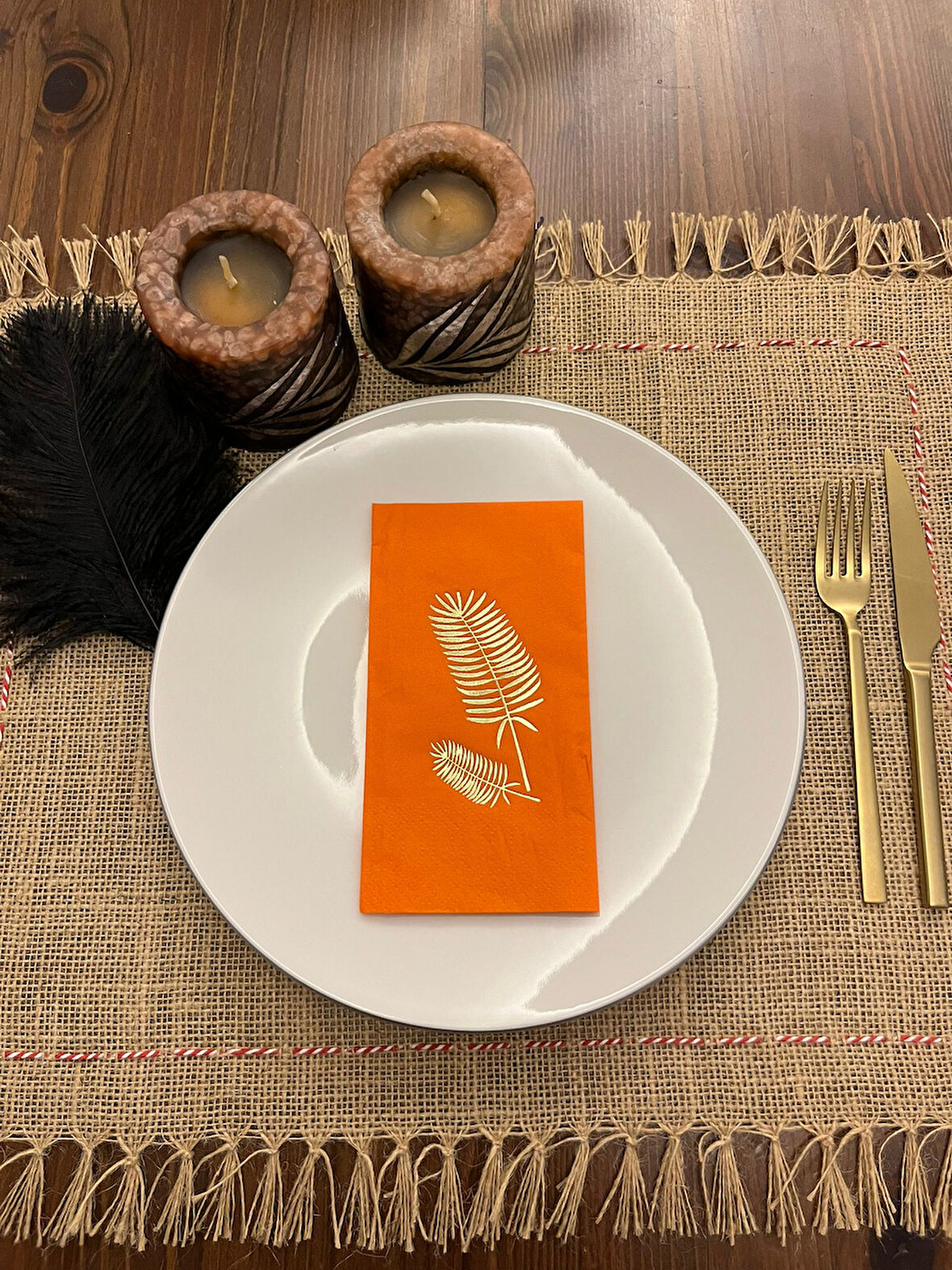 Gold Yaldızlı Turuncu Palmiye Peçete 16 Adet