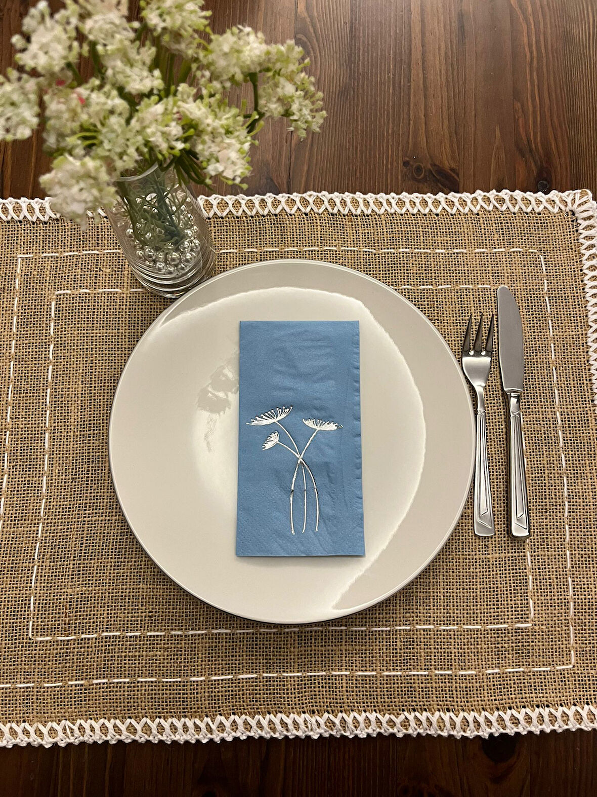 Gümüş Yaldızlı Mavi Havuç Çiçeği Peçete 16 Adet