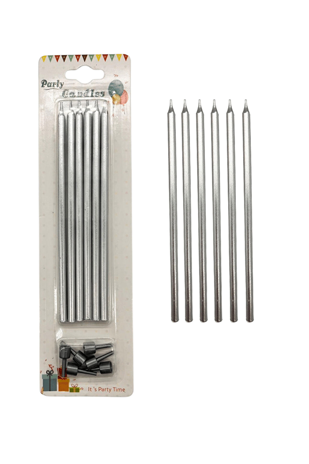 Metalik İnce Mum Gümüş 15 cm 6 lı