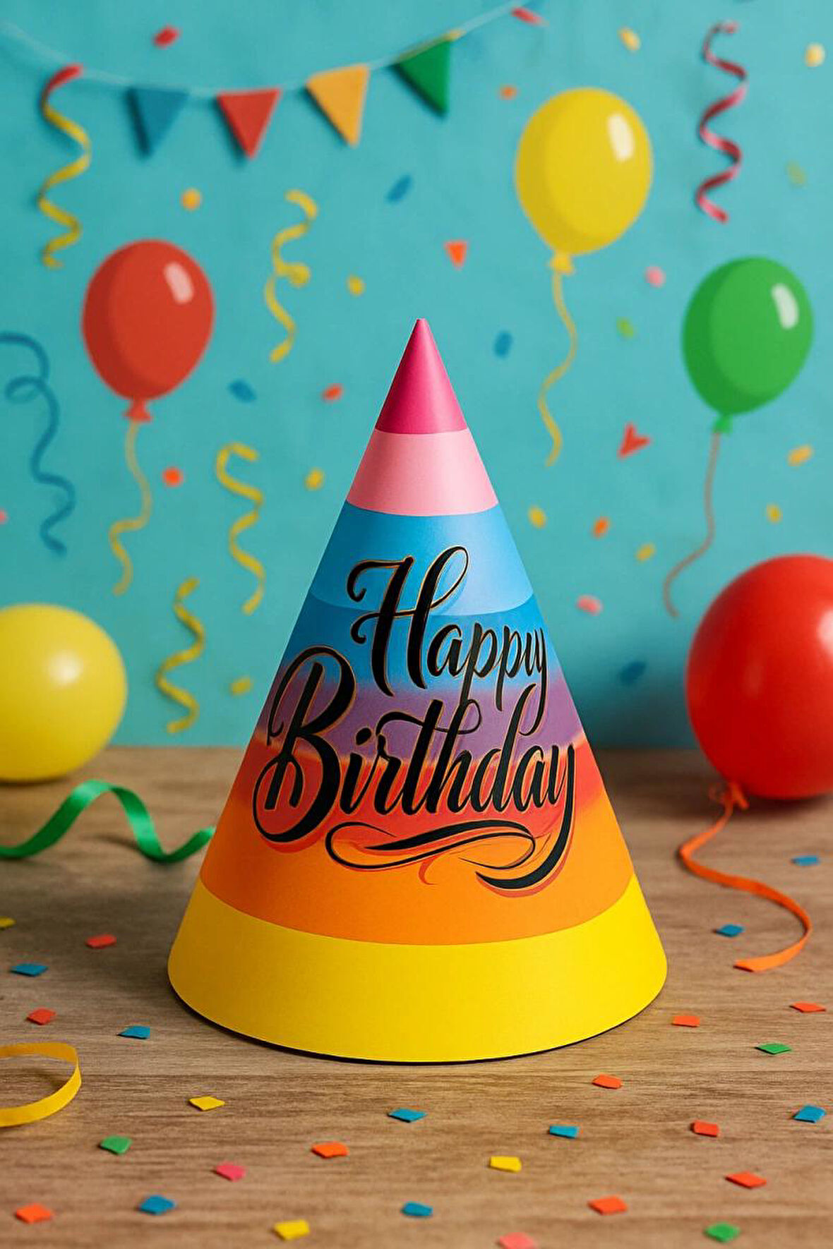 Happy Bırthday Baskılı Gökkuşağı Renkli Karton Şapka 20 cm