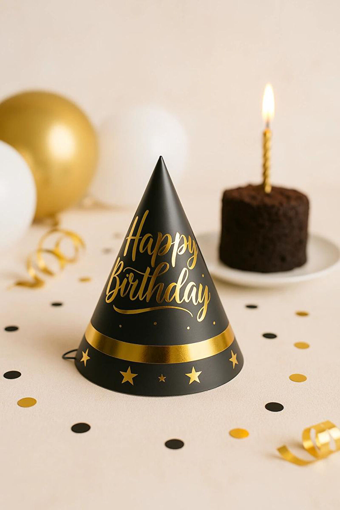 Happy Bırthday Gold Yıldız Baskılı Karton Şapka 20 cm
