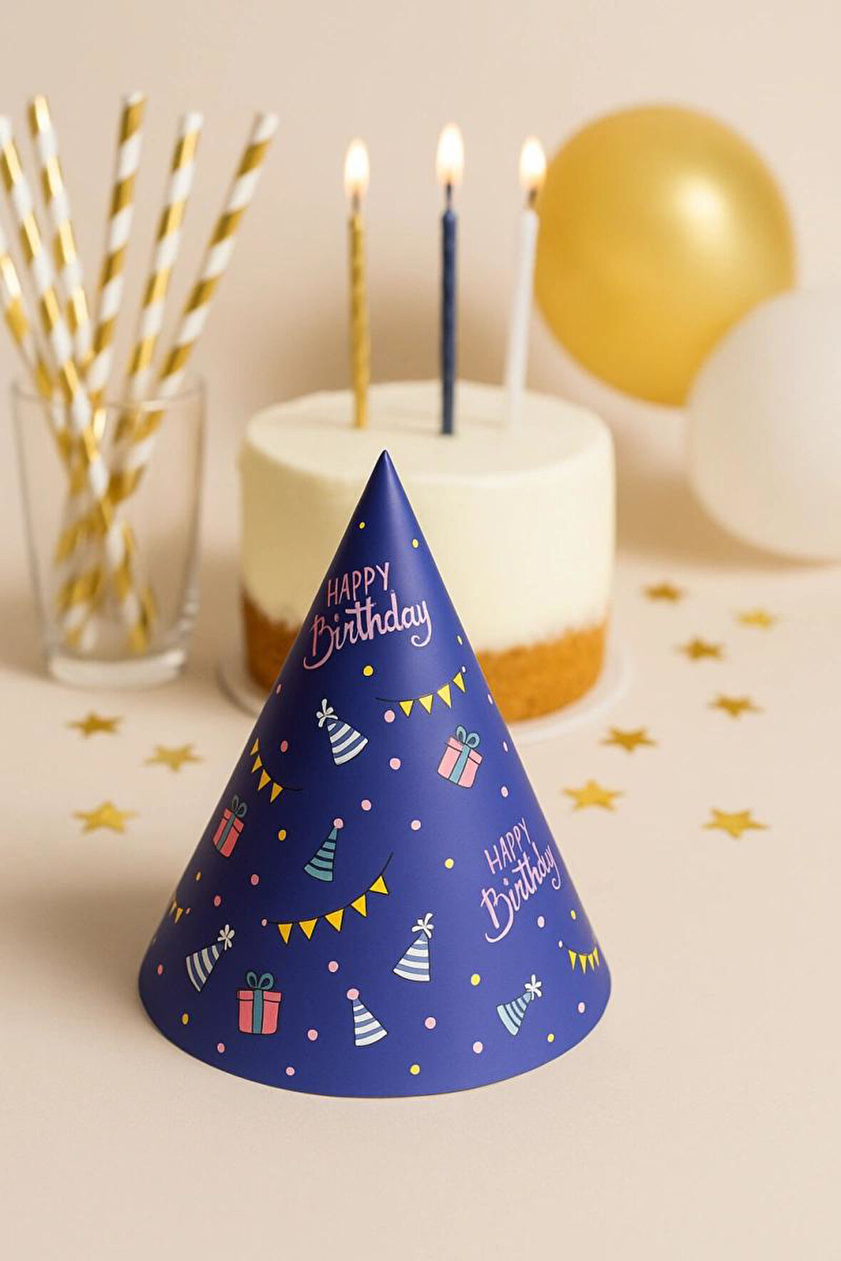 Happy Bırthday Baskılı  Mavi Karton Şapka 20 cm
