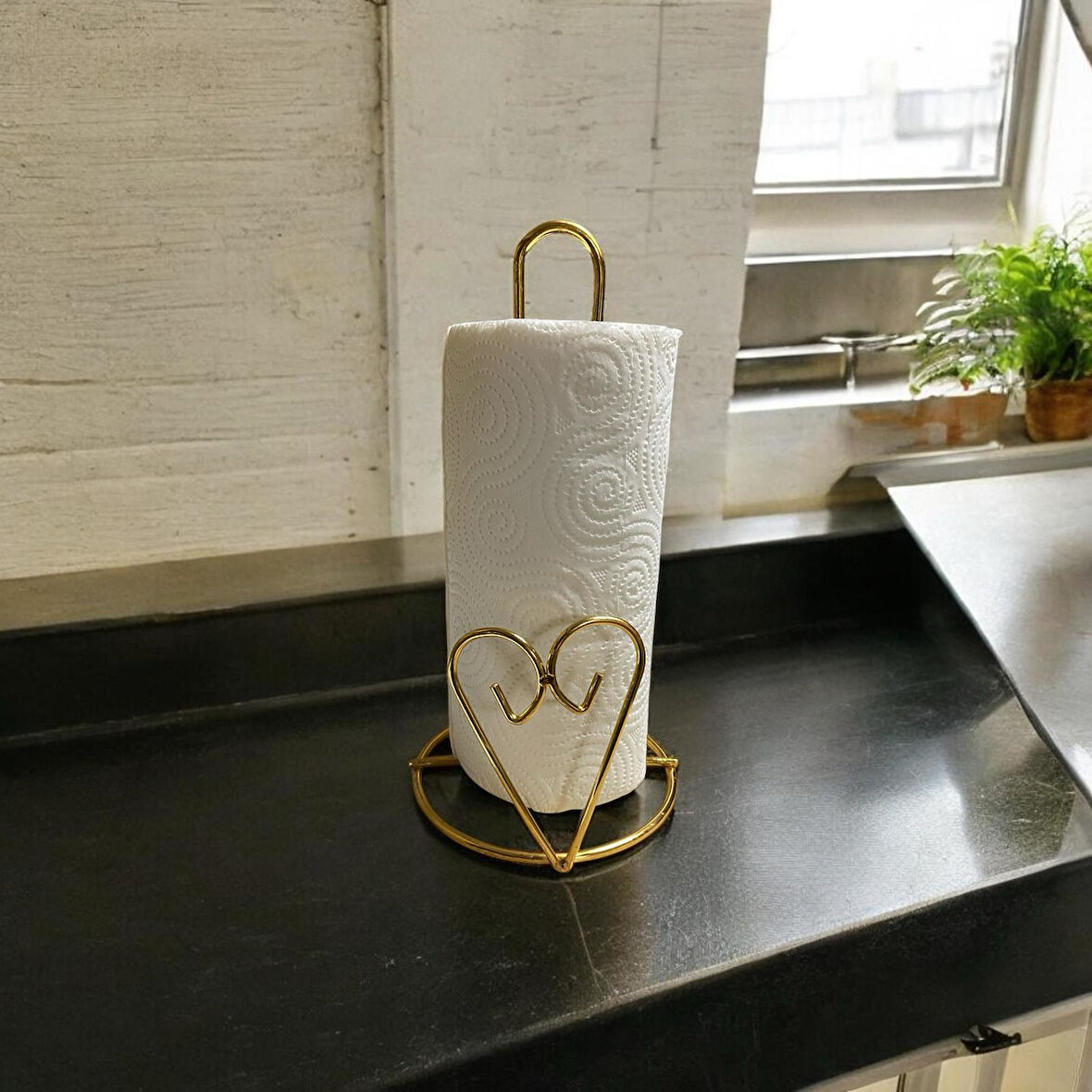 Kalp Detaylı Gold Metal Kağıt Havluluk - Tezgah Üstü - Mutfak/Banyo