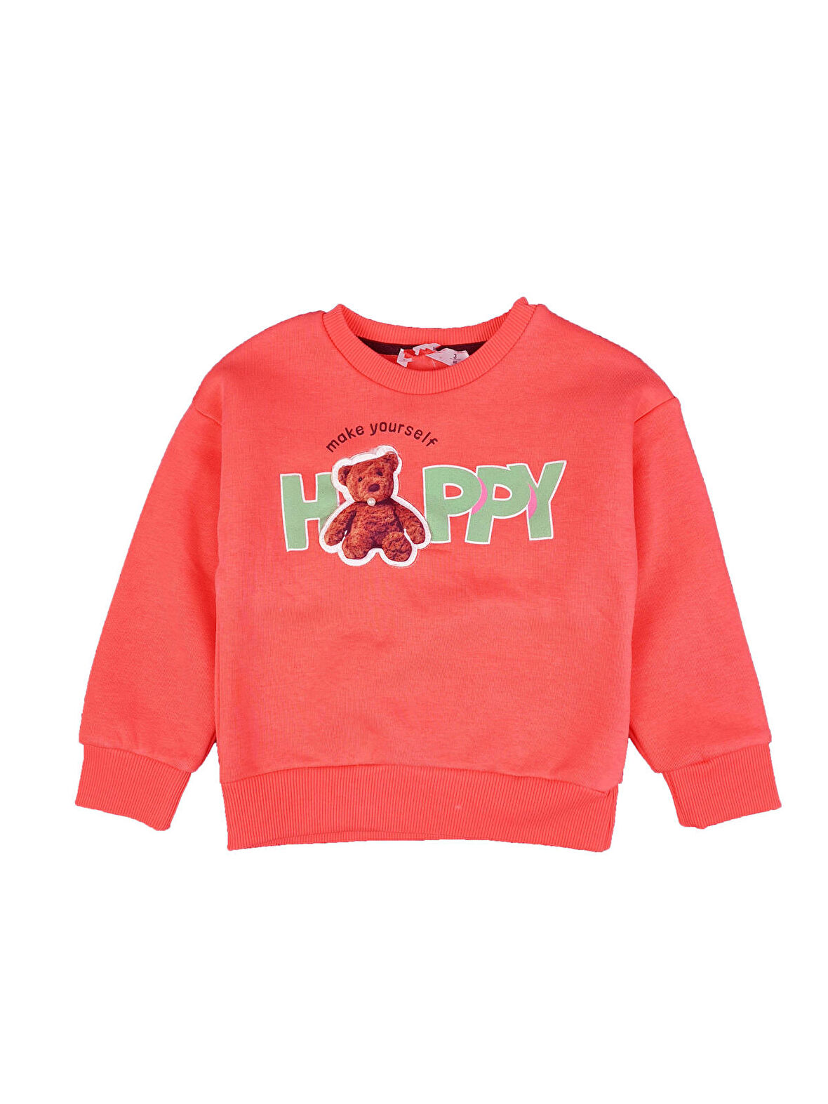 Kız Çocuk Üç İplik Ayı Baskı Nakışlı Sweatshirt Happy