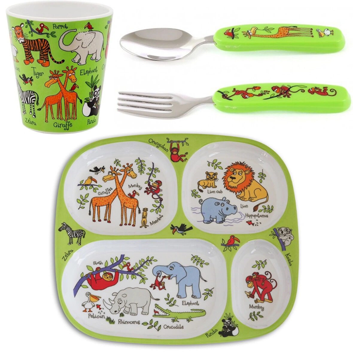 Melamin Bölmeli Tabak / Alıştırma Bardağı / Kutulu Çatal Kaşık Seti (4'lü Set)  Jungle