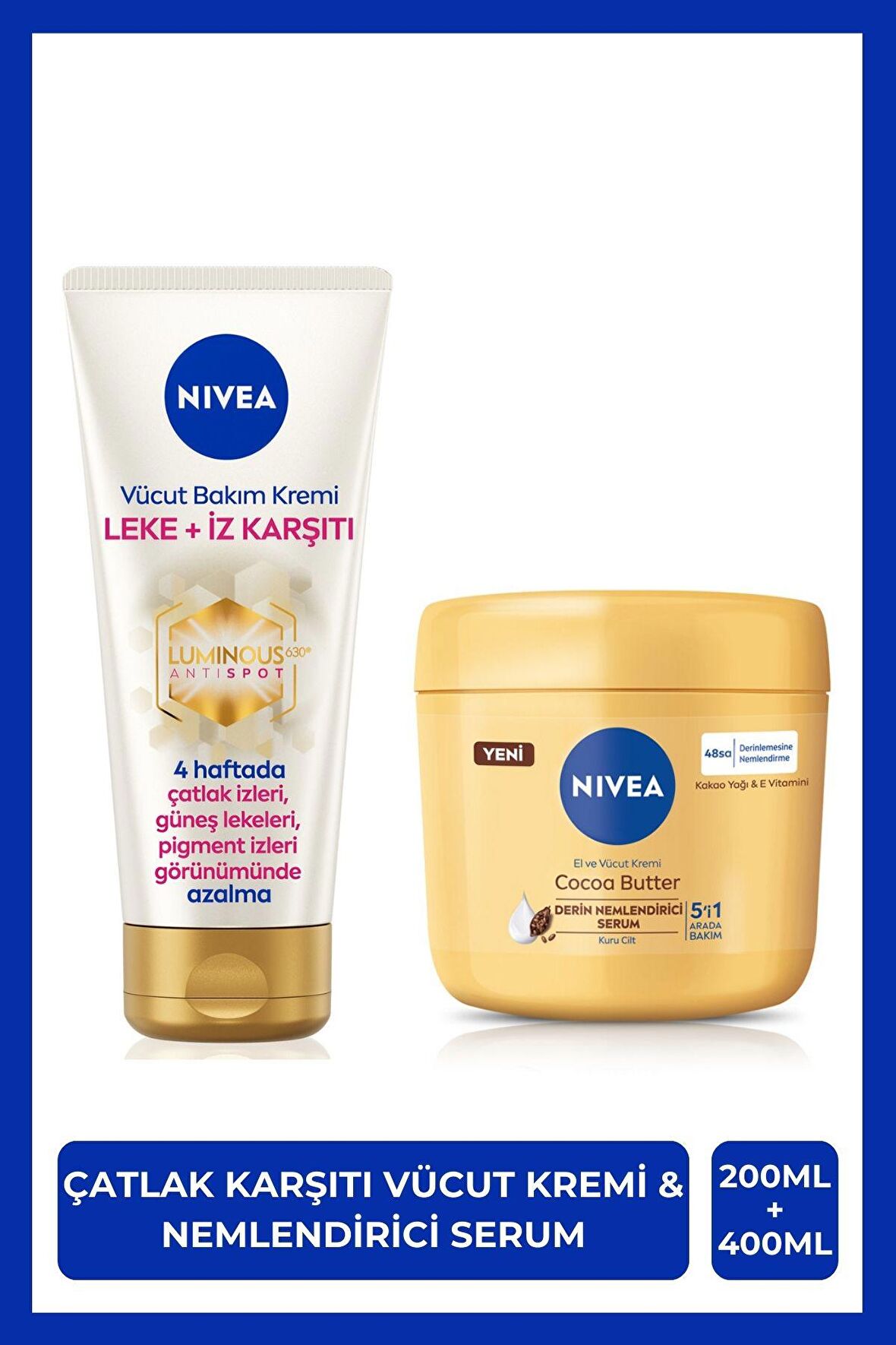 NIVEA Luminous630 Leke İz Karşıtı Vücut Kremi 200ml ve Cocoa Butter Nemlendirici Krem 400ml, Kuru Cilt