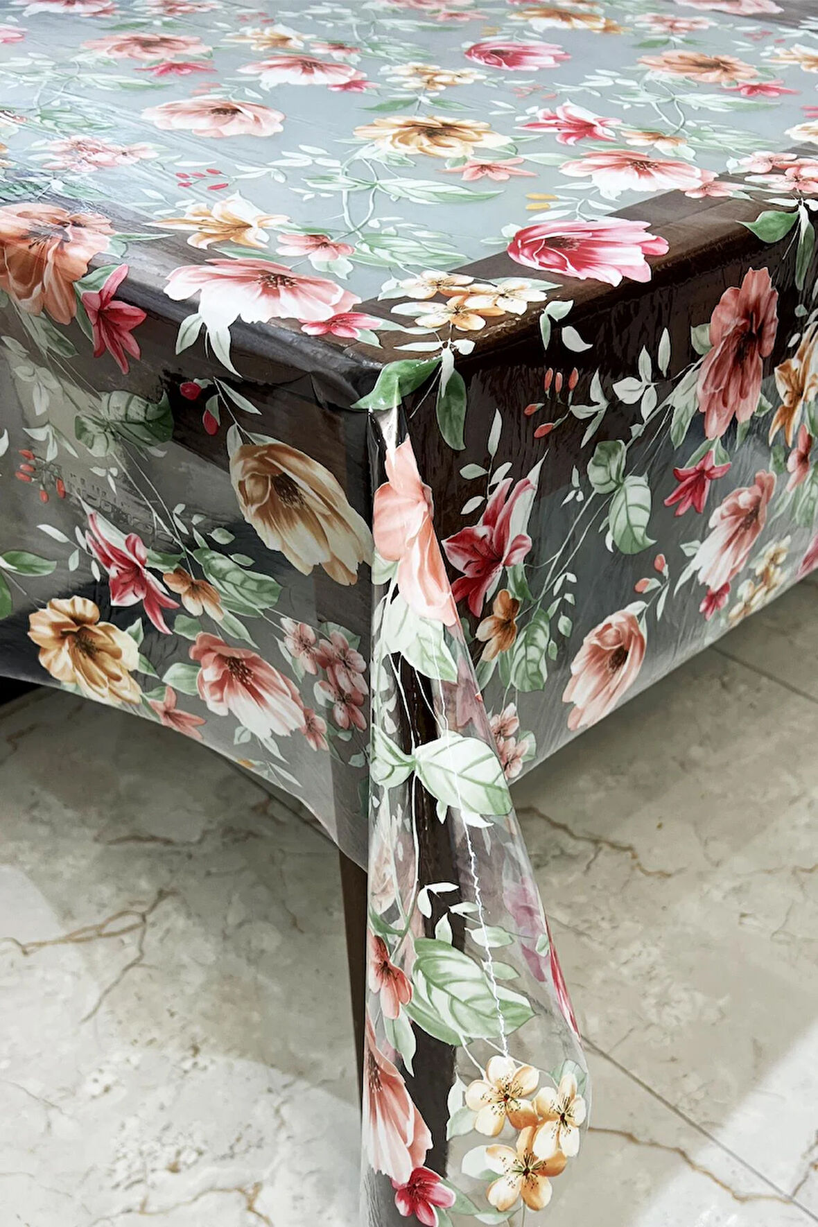 Pvc Şeffaf kendinden desenli Masa Örtüsü çiçek 1186-4