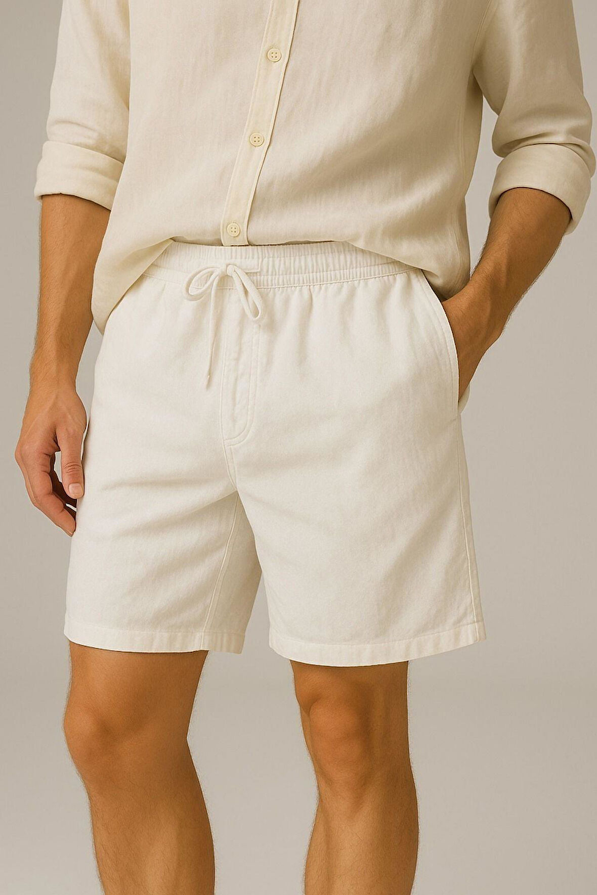 Erkek Cepli Keten Dokulu Şort