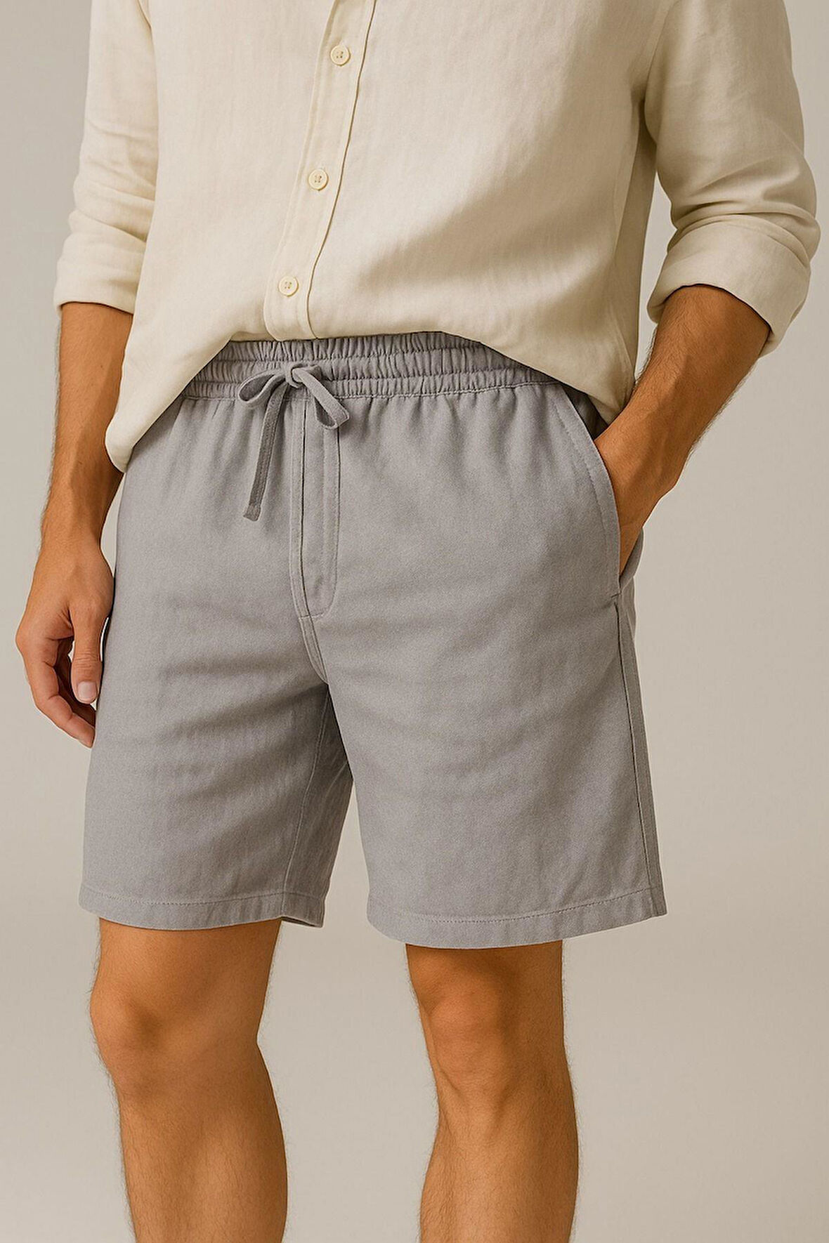 Erkek Cepli Keten Dokulu Şort