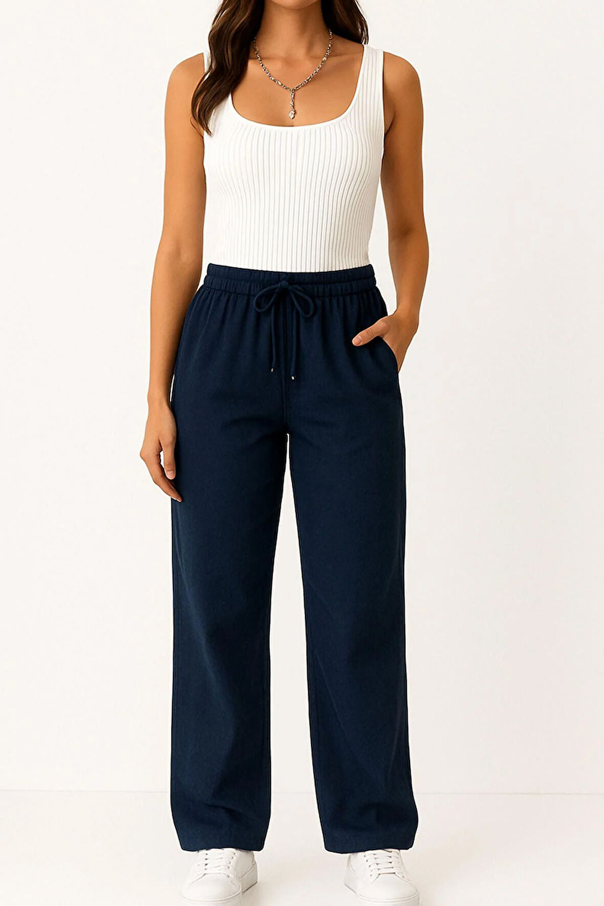 Kadın Pantolon – Yüksek Bel, Bağcıklı, Salaş Rahat Kalıp, Günlük Ve Şık Kullanım