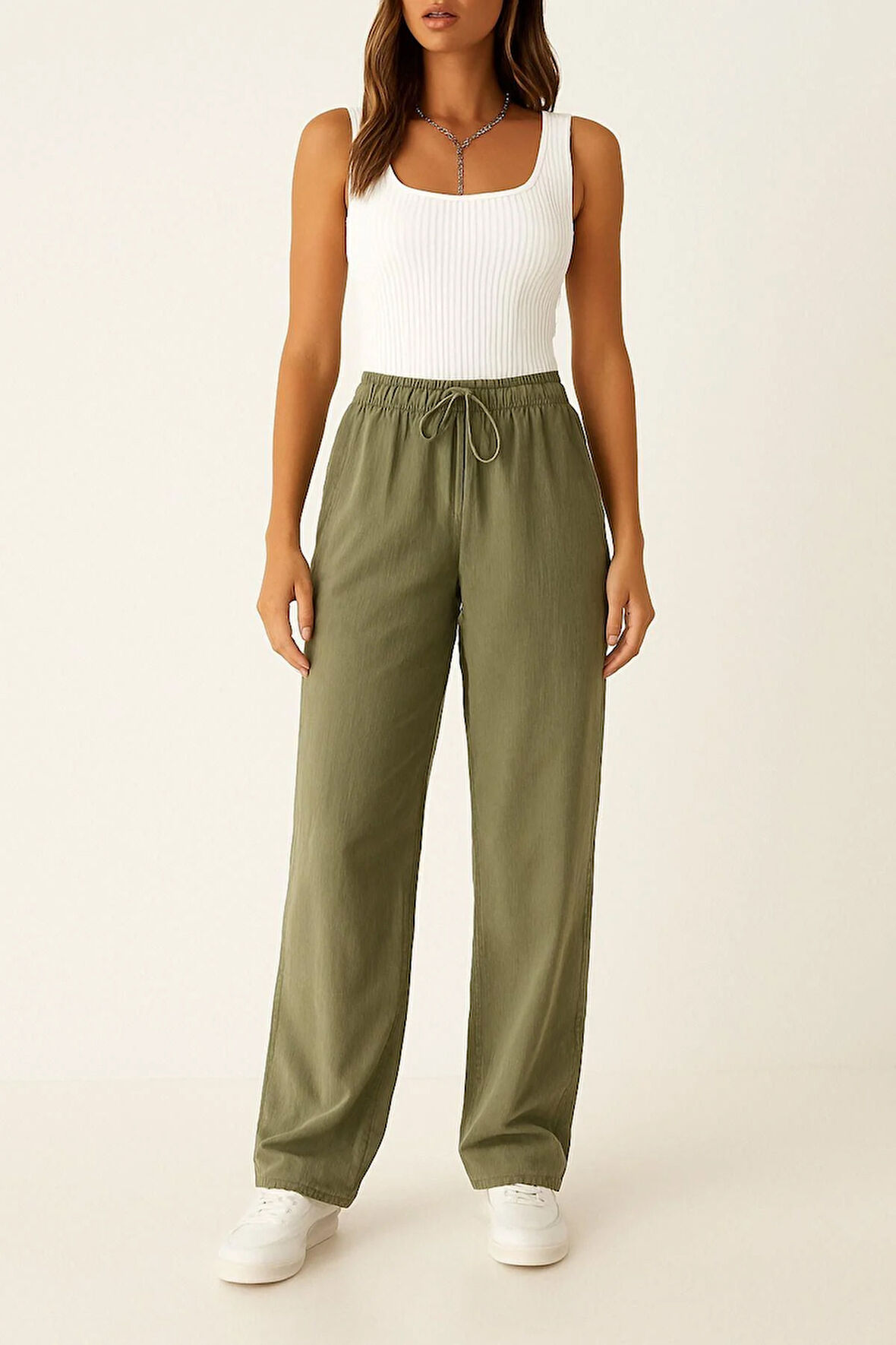 Kadın Pantolon – Yüksek Bel, Bağcıklı, Salaş Rahat Kalıp, Günlük Ve Şık Kullanım