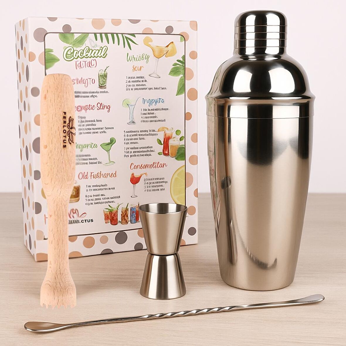 Perlotus Kokteyl Shaker Jigger Mojito Tokmak Bar Kaşığı Kokteyl Tarifleri Seti Kutusunda