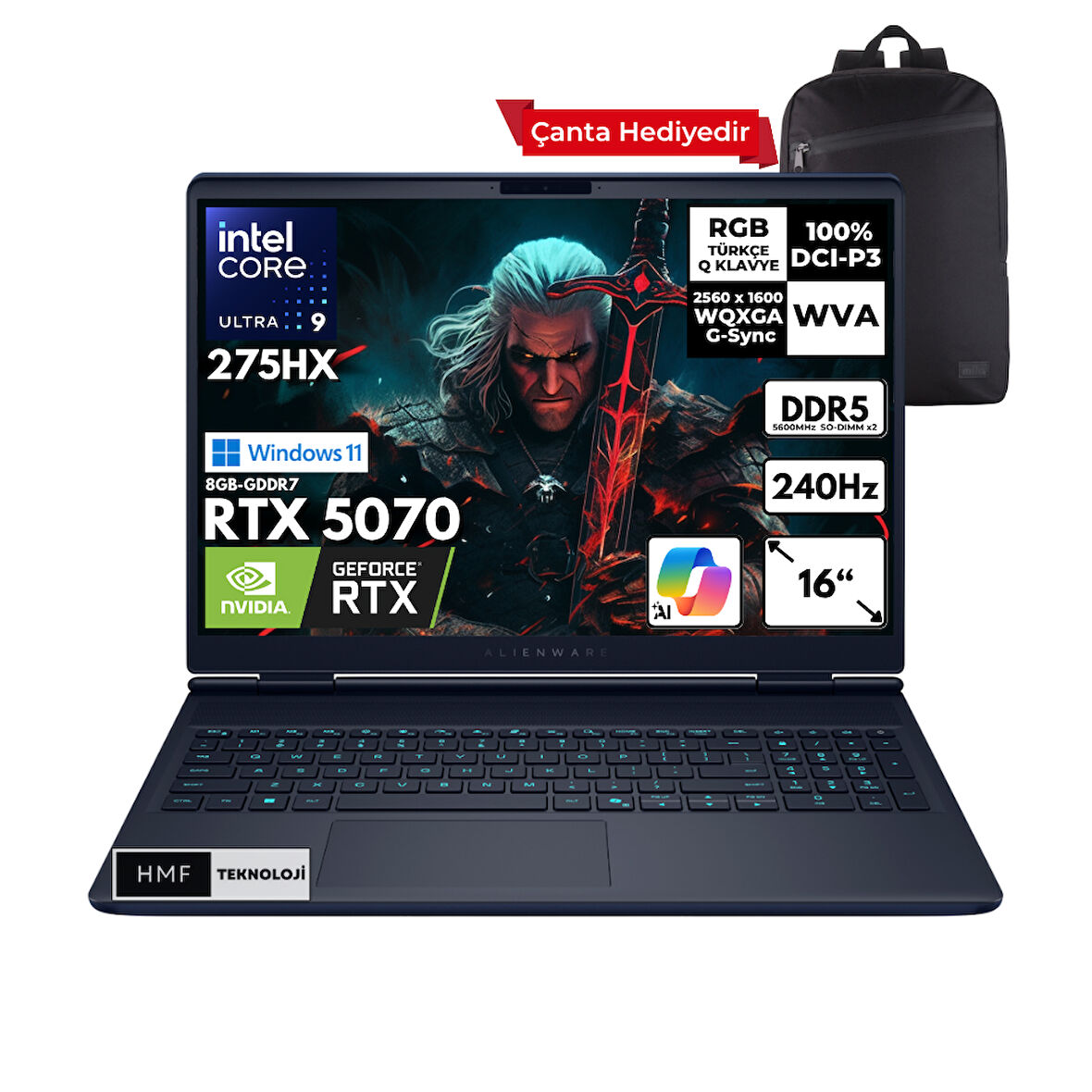 Dell Alienware 16X Aurora Ultra 9-275HX 40-GBDDR5 2 TBSSD RTX5070 (8GB-GDDR7) 16" 2K WQXGA 240Hz Windows 11 Home + HMF Sırt Çantası AC16251-CU932157WHMF8