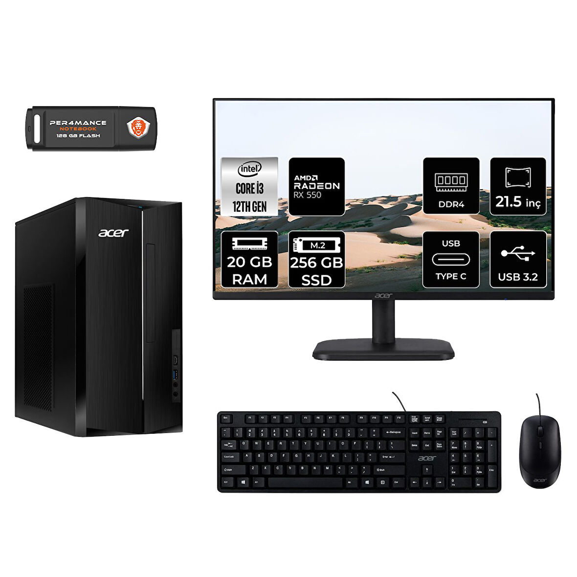 ACER ASPİRE TC1760 MDT004D166 i3 12100 20GB RAM 256GB SSD RX550 4GB 21.5" FDOS MASAÜSTÜ PC