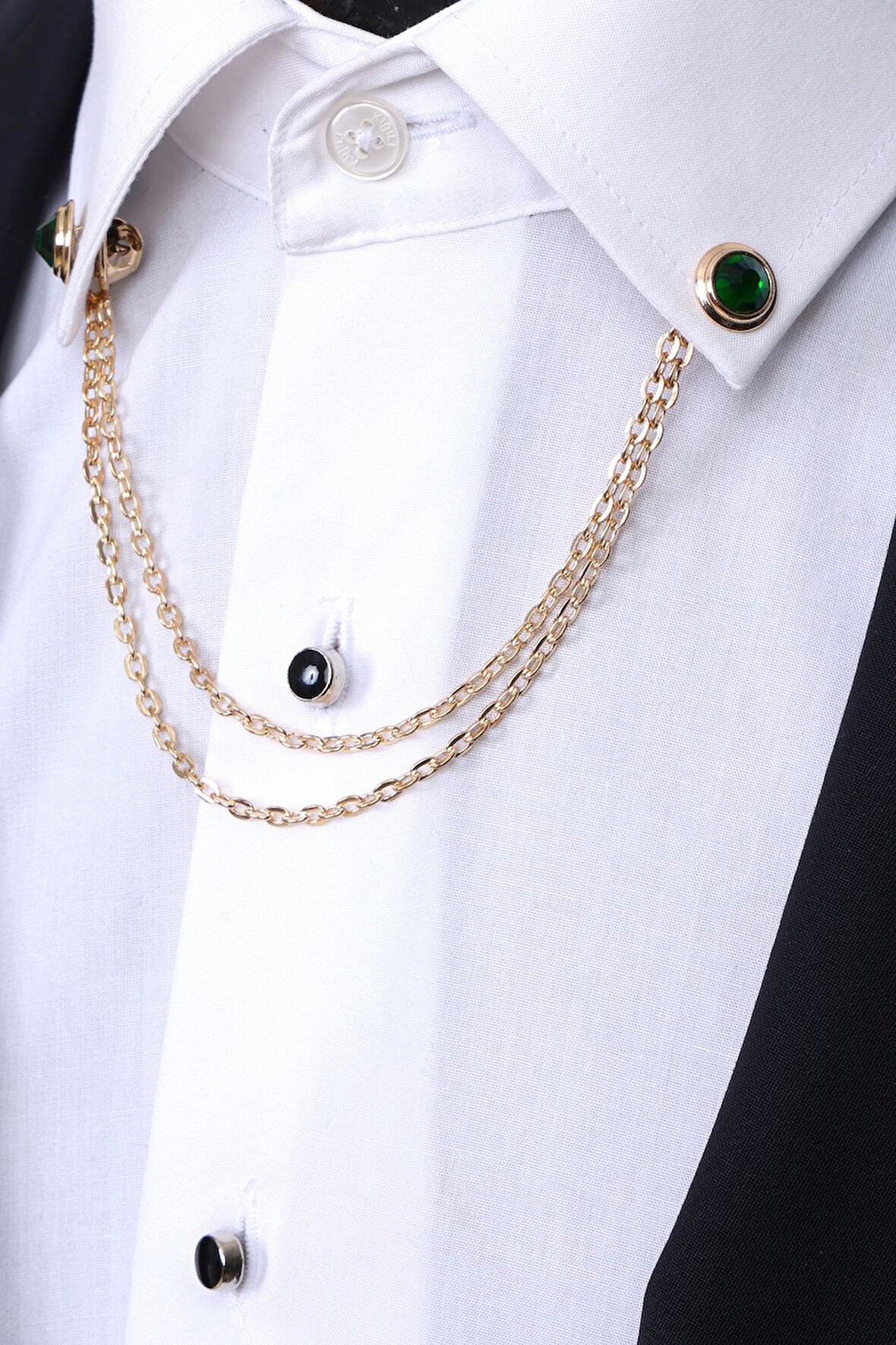 Esgue Gold Renk Yeşil Taşlı Gömlek Yaka Zinciri