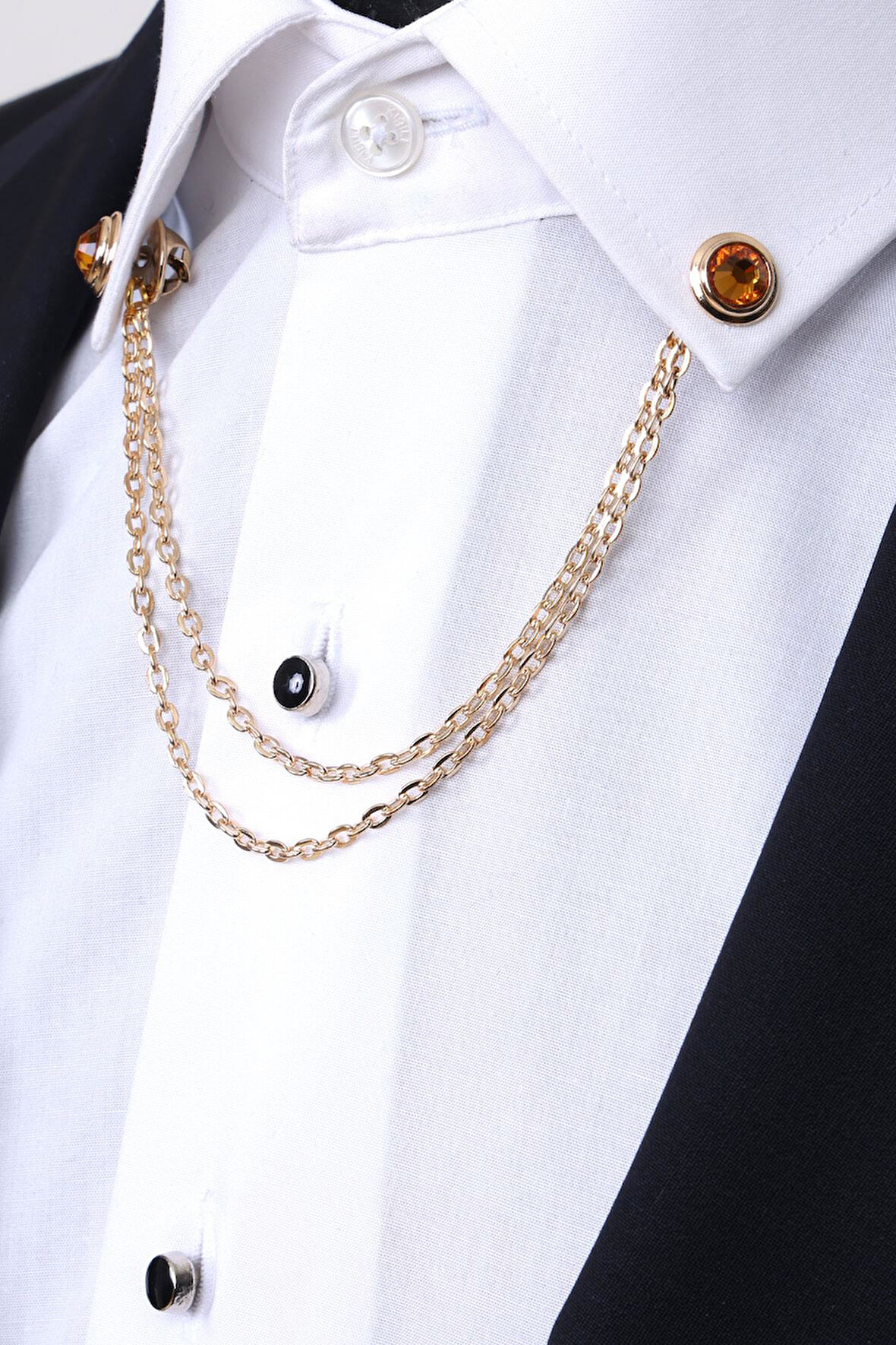 Esgue Gold Renk Oranj Taşlı Gömlek Yaka Zinciri