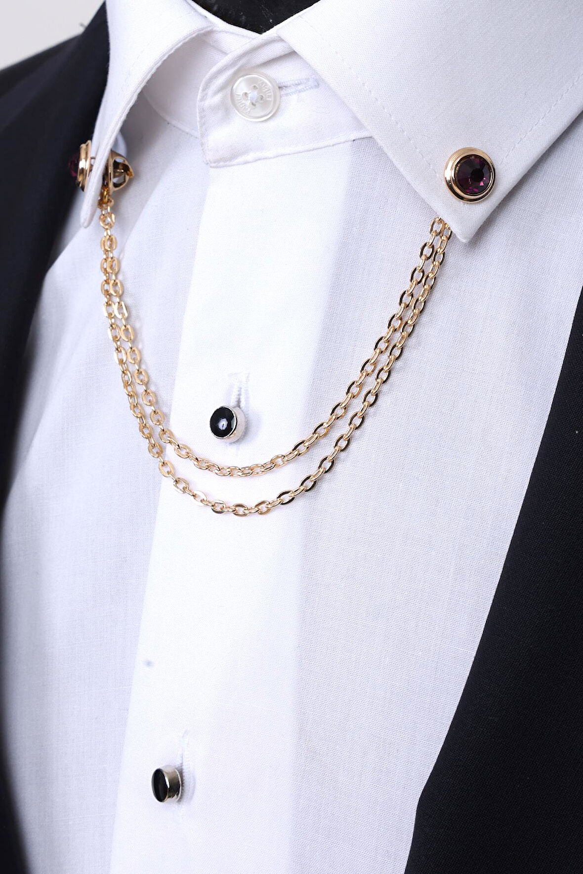 Esgue Gold Renk Mor Taşlı Gömlek Yaka Zinciri