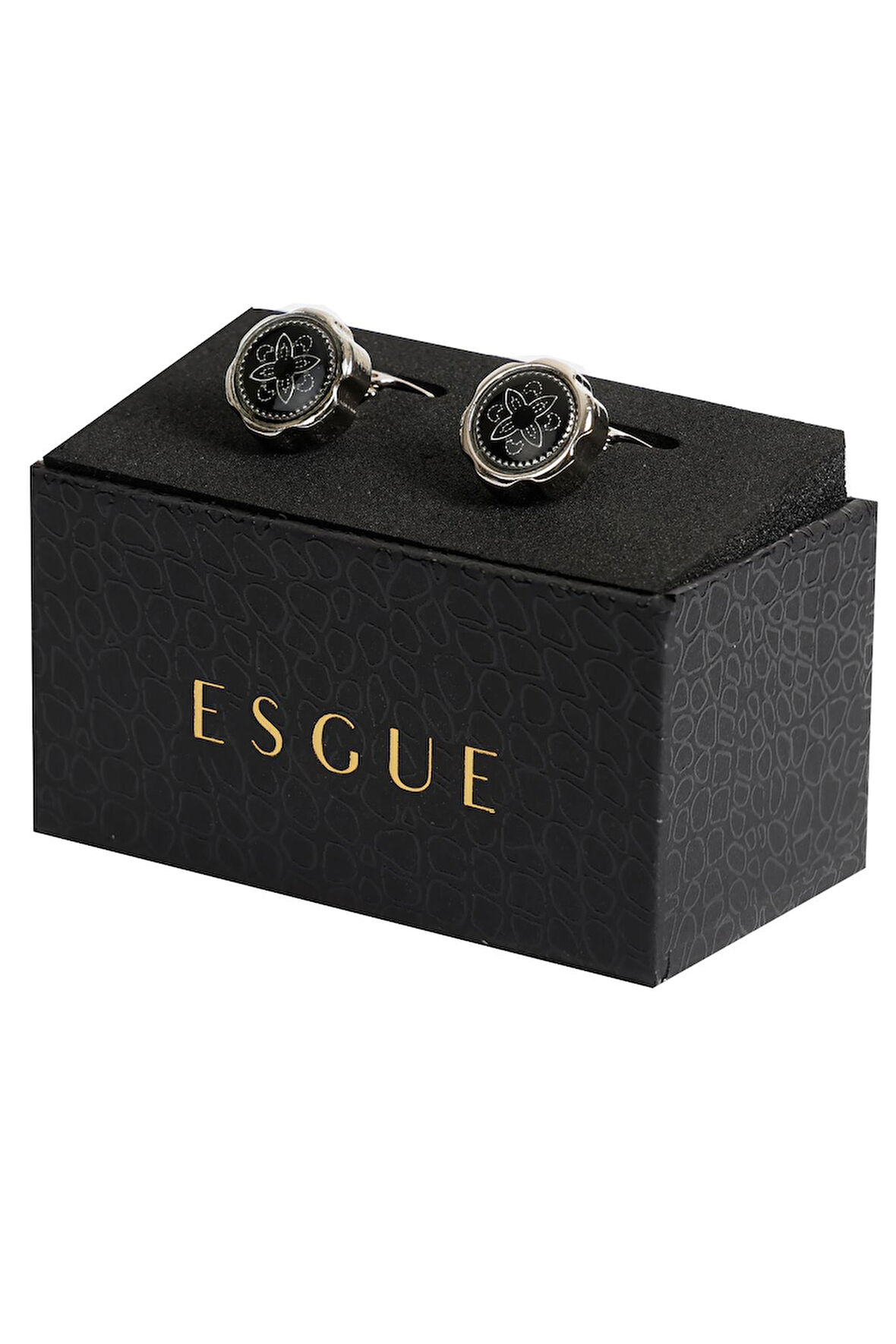 Esgue Gümüş Renk Siyah Yuvarlak Desenli Kol Düğmesi KD:7002