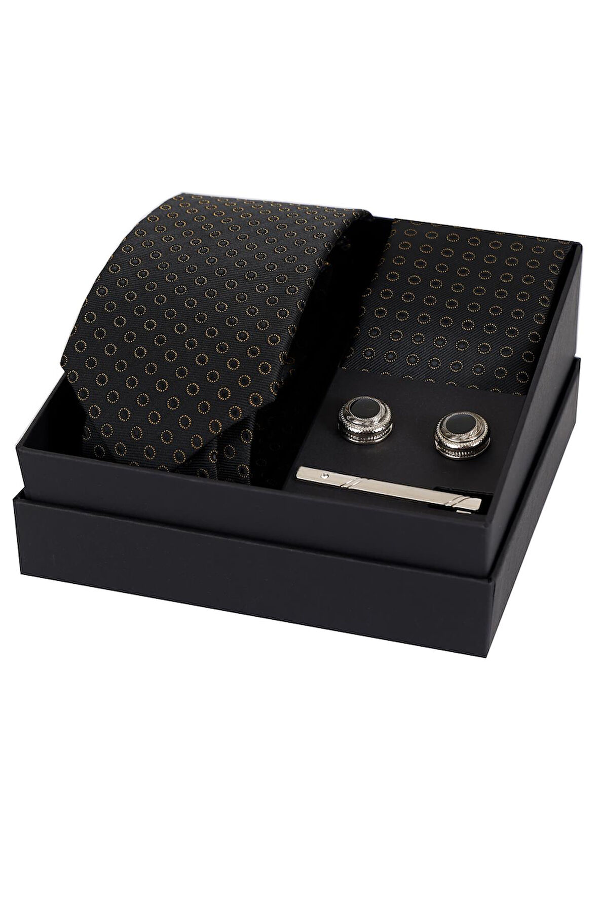 Esgue 8 Cm Hand Made Siyah Gold Desen Kravat Mendil & Kol Düğmesi & Kravat Maşası Hediye Seti HSET:107