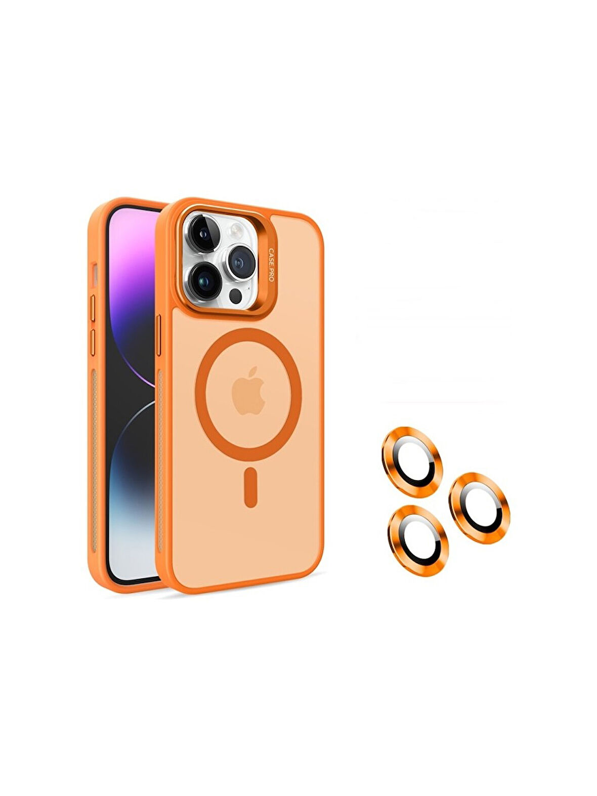 İPHONE 15 PRO MAX UYUMLU MAGSAFE ÖZELLİK SERT KAPAK STANDLI LENS KORUMA HEDİYELİ TURUNCU