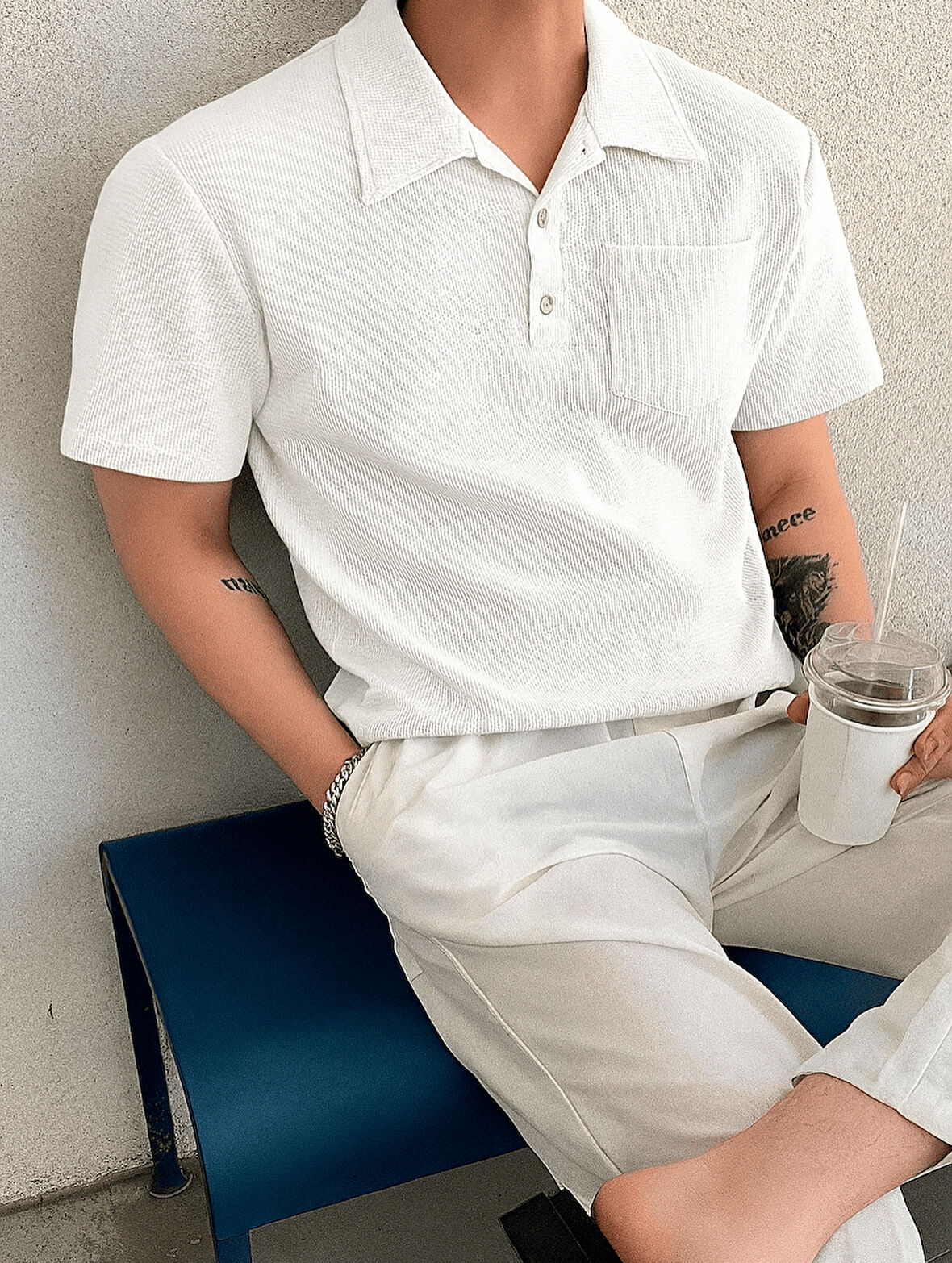 Erkek Oversize Polo Yaka  Waffle T-Shirt  POLOYAKA-DÜĞMELİ