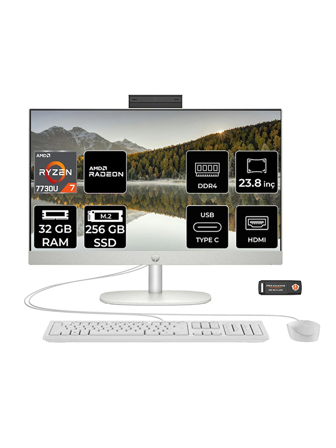 HP ProOne 245 G10 R7 7730U 32GB 256GB SSD 23.8" Full HD IPS FDOS All In One PC & PER4 Bellek