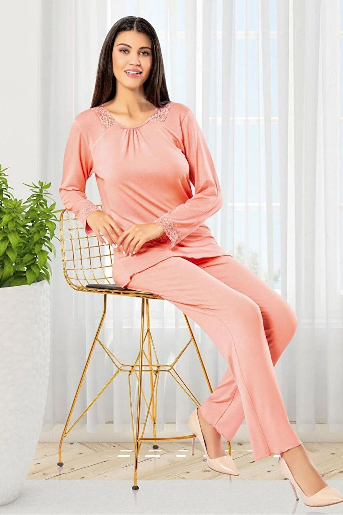 Dantel Detaylı Pijama Takımı Somon 8R.O.6Z0.EL.7T