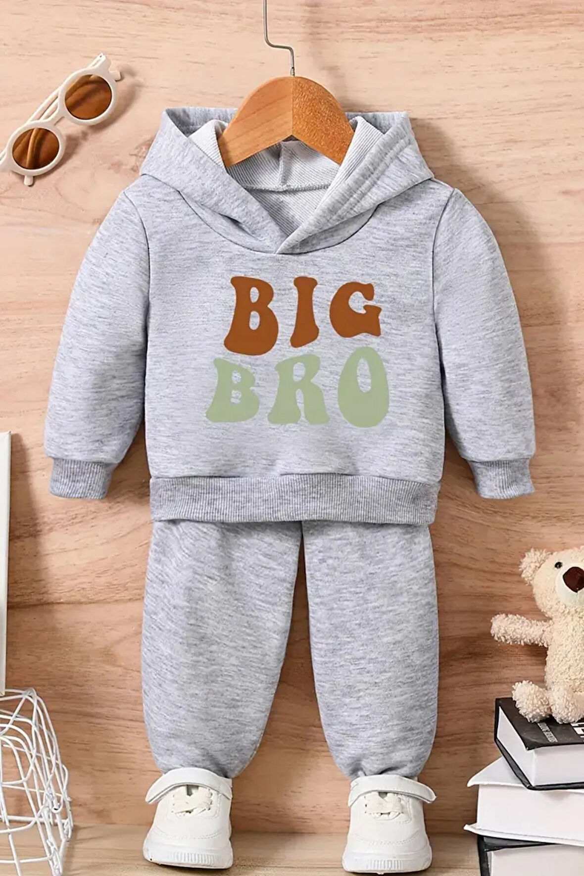 Erkek Çocuk Big Bro Baskılı Detaylı Gri Kapüşonlu Eşofman Takımı