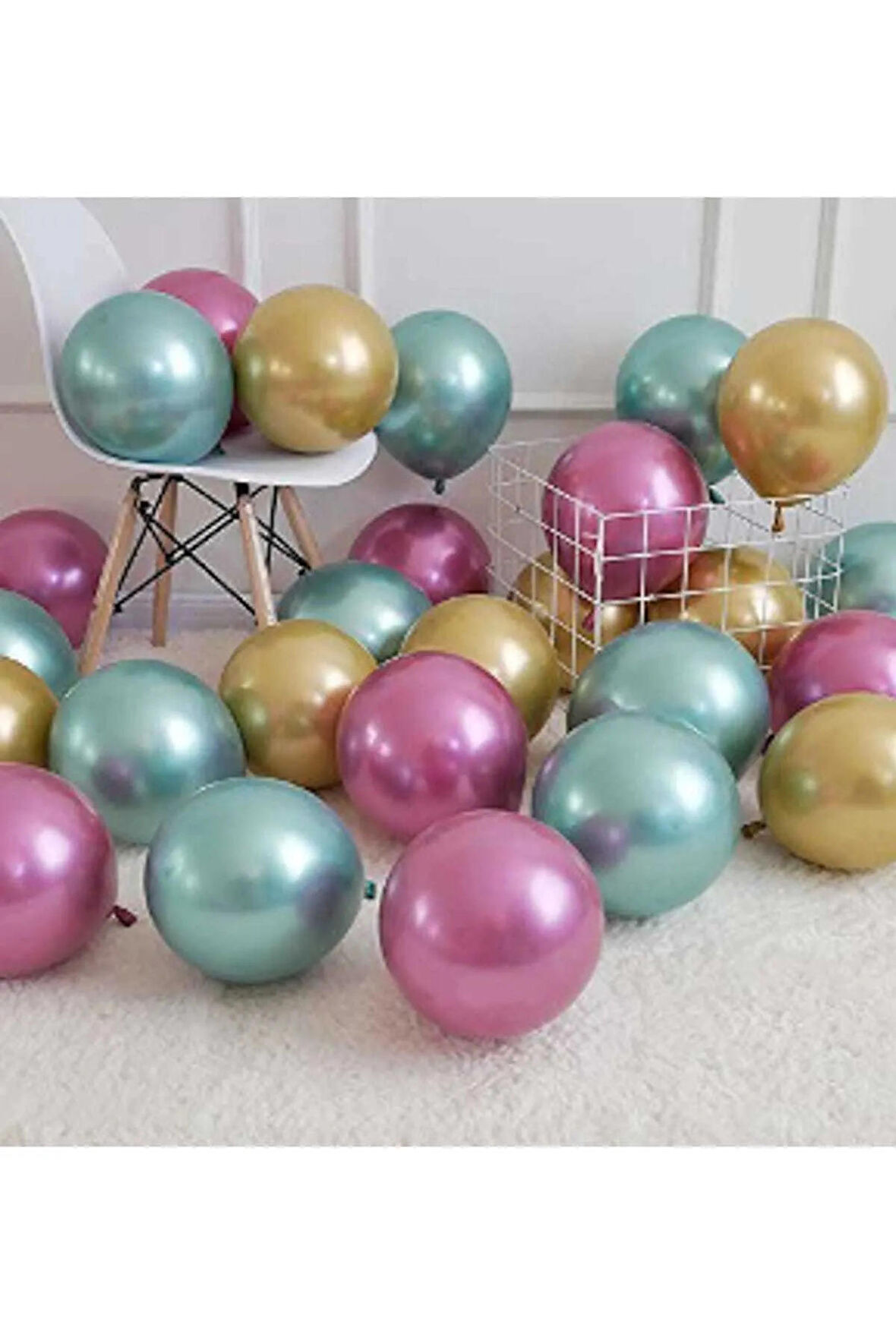 40 Adet Krom Parlak Metalik Yeşil-pembe-gold Renk Balon